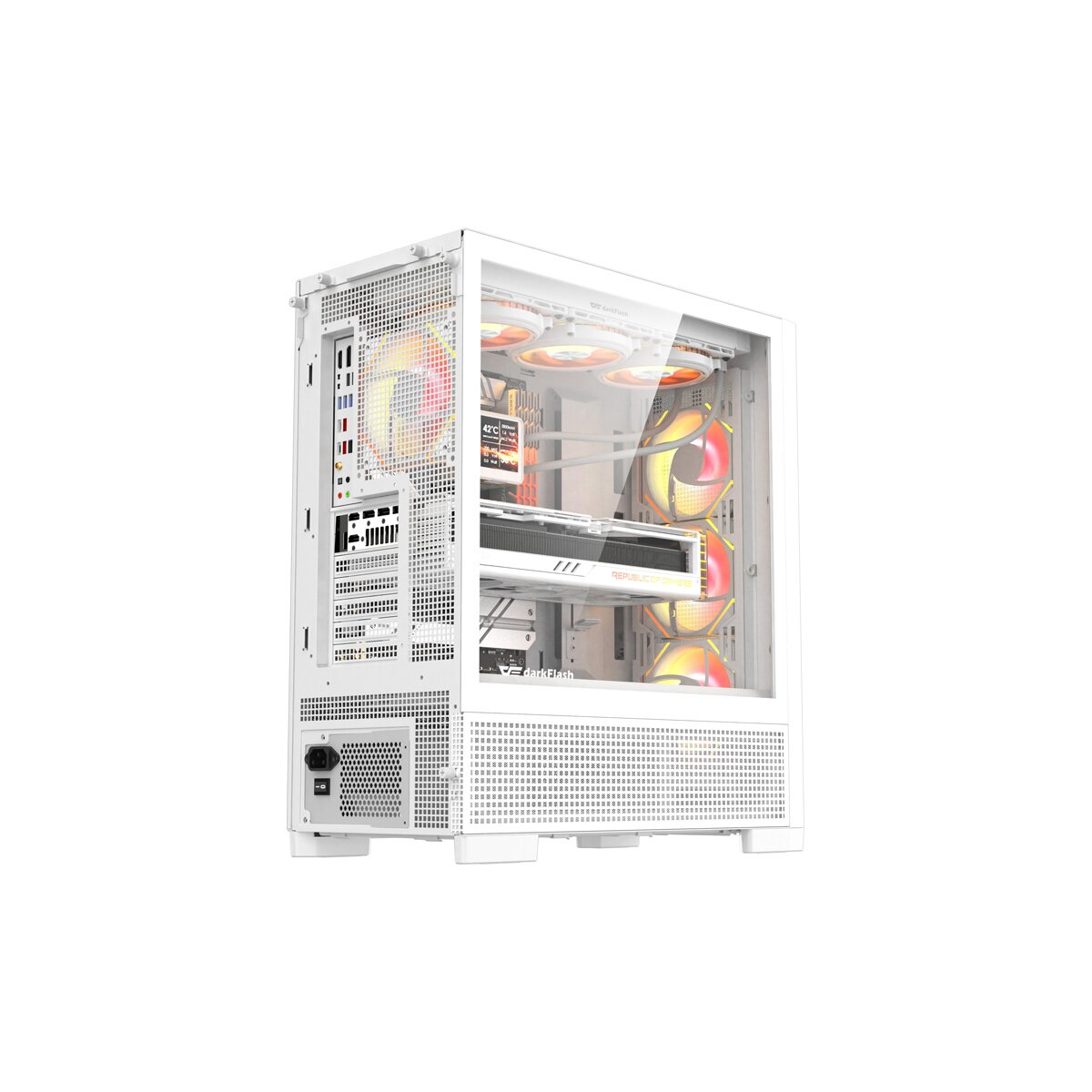 Un case per computer bianco con ventole illuminate e pannello laterale trasparente.