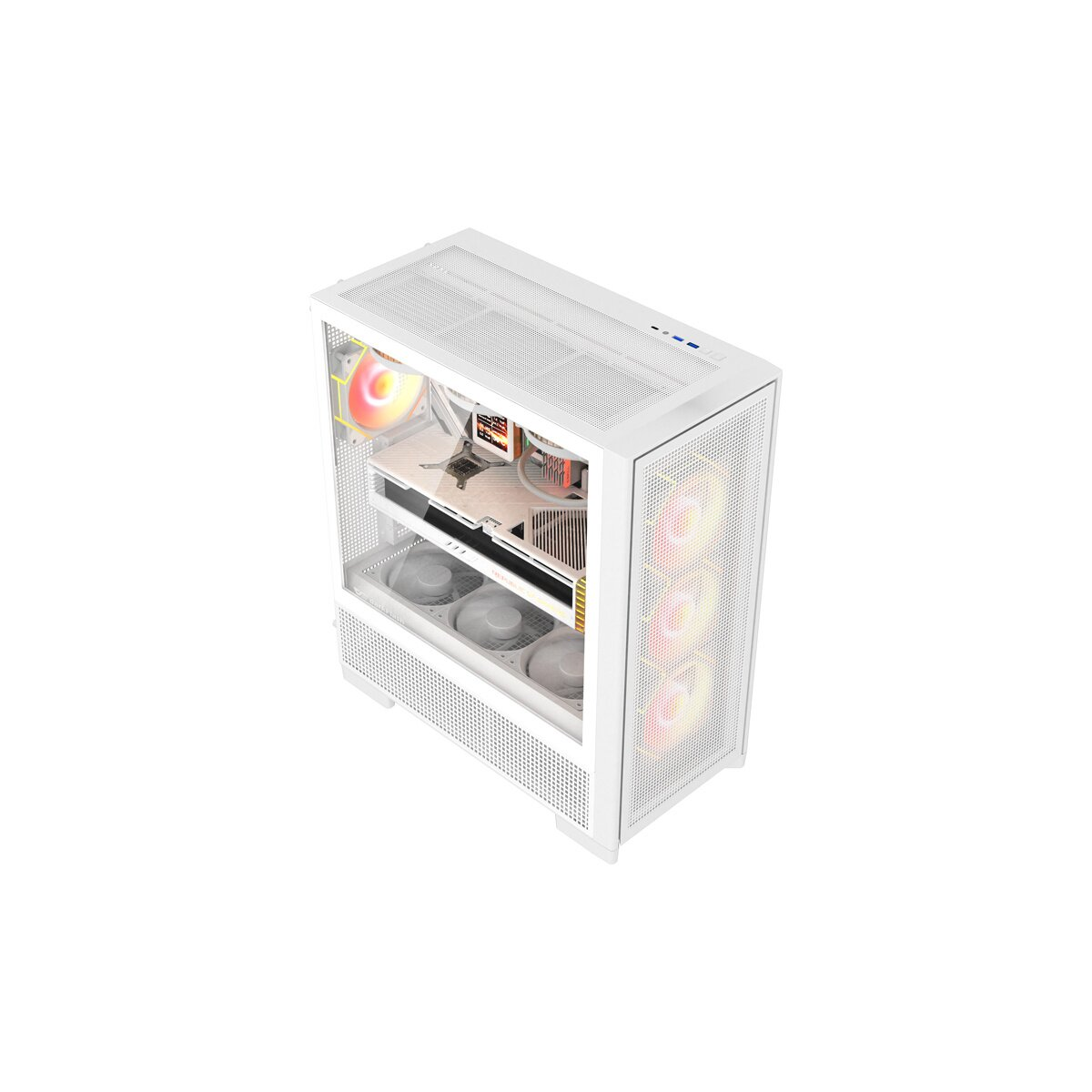 Un case PC bianco con ventole RGB e componenti interni visibili.