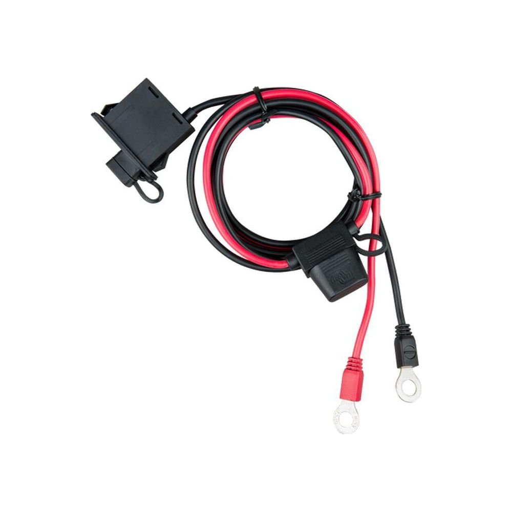 Schwarzes und rotes Kabel mit Sicherungshalter und Ringanschlüssen.