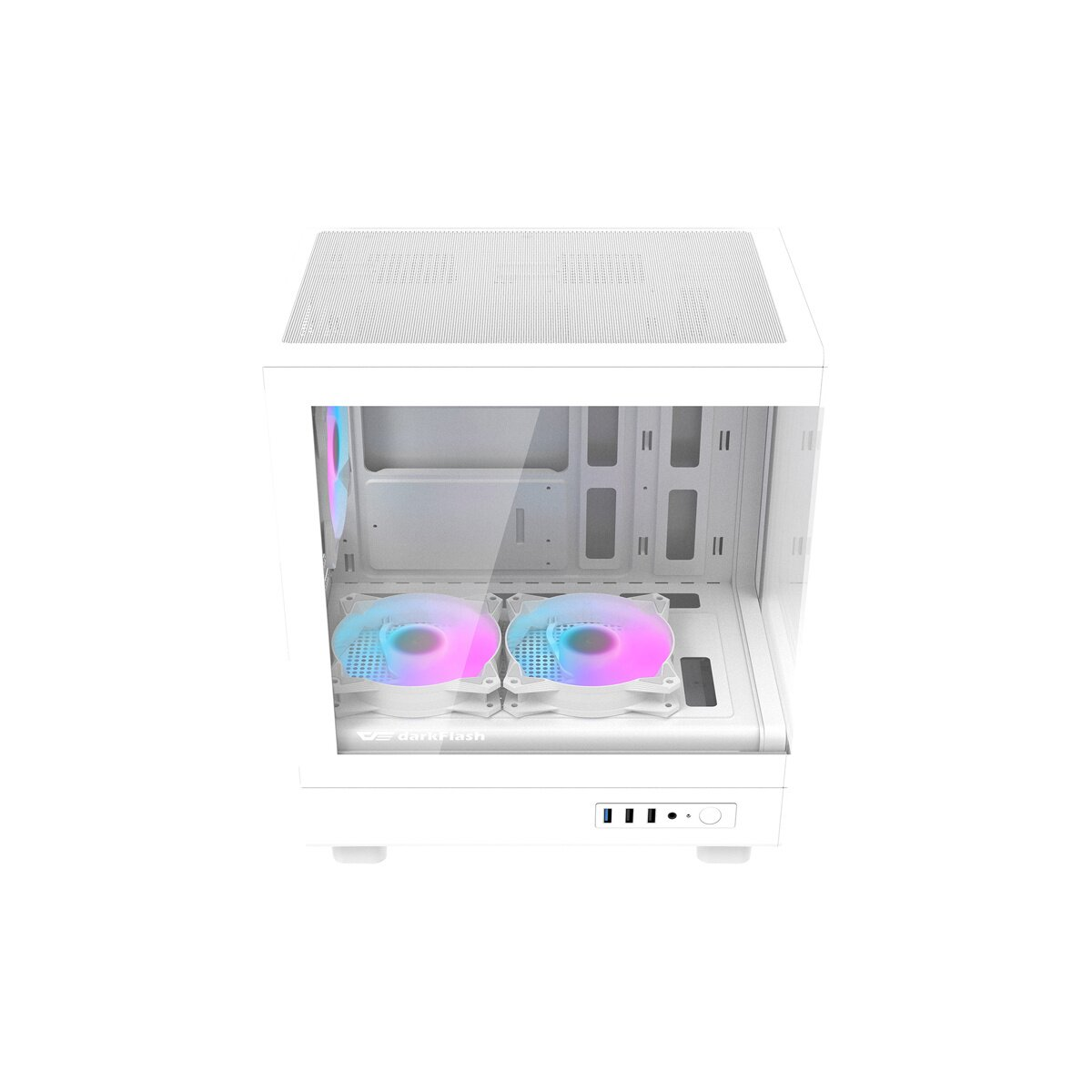 Ein weißes Computergehäuse mit beleuchteten Lüftern und Glasfront.