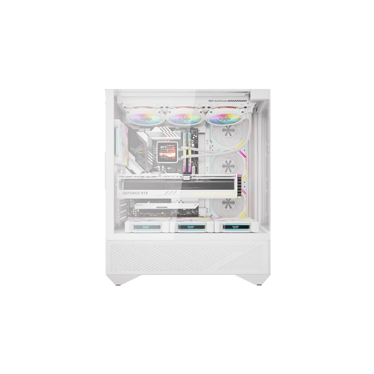 Un case per computer bianco con componenti interni. Presenta ventole RGB e una scheda grafica GeForce RTX.