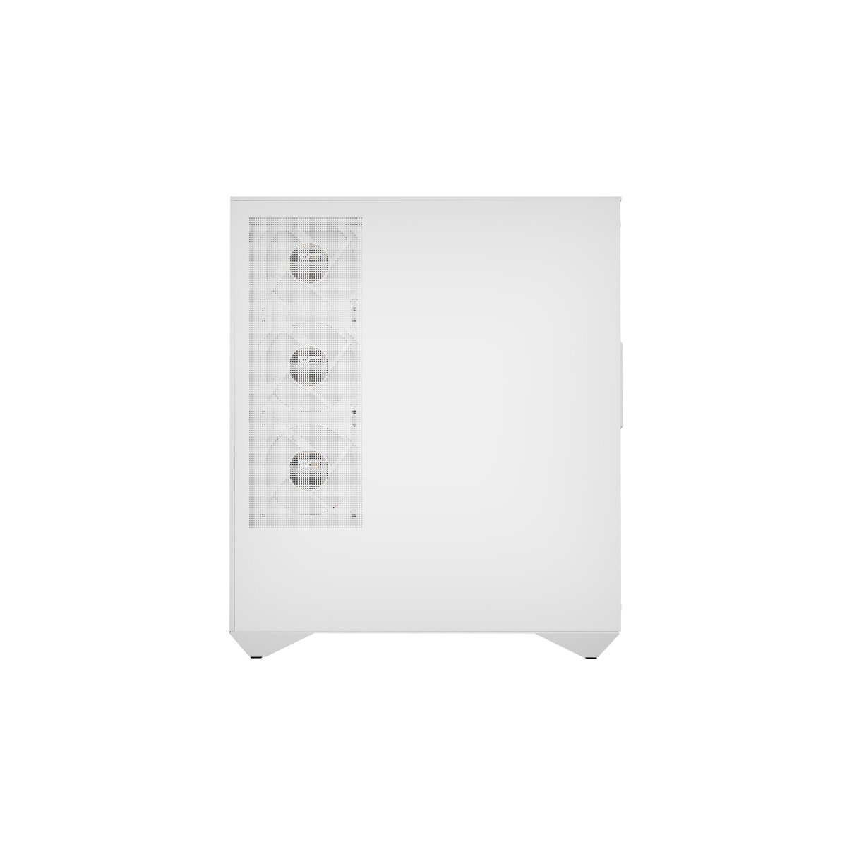 Un case per computer bianco con tre ventole sul lato sinistro e piedini.