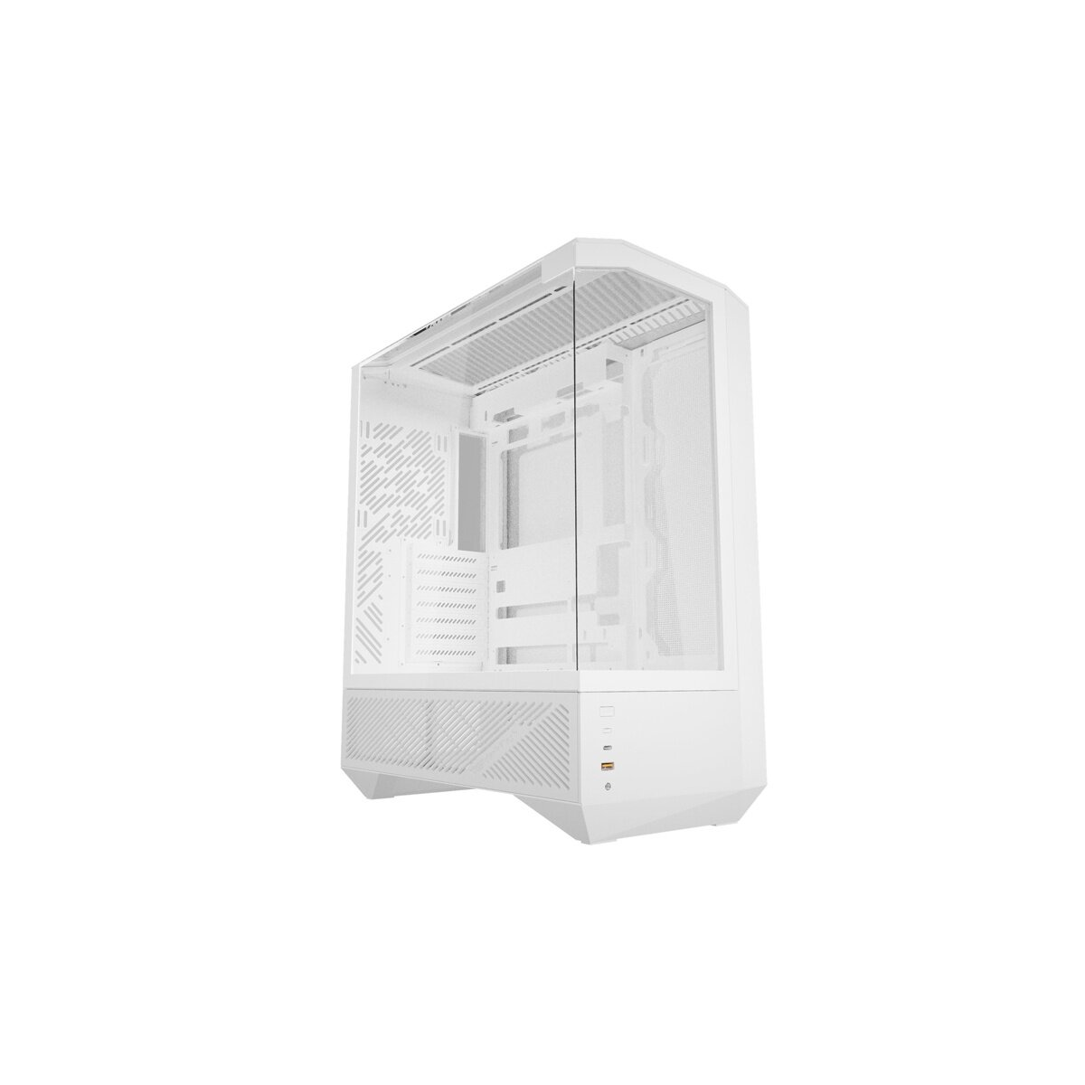 Un case PC bianco con pannelli in vetro e fessure di ventilazione su sfondo bianco.