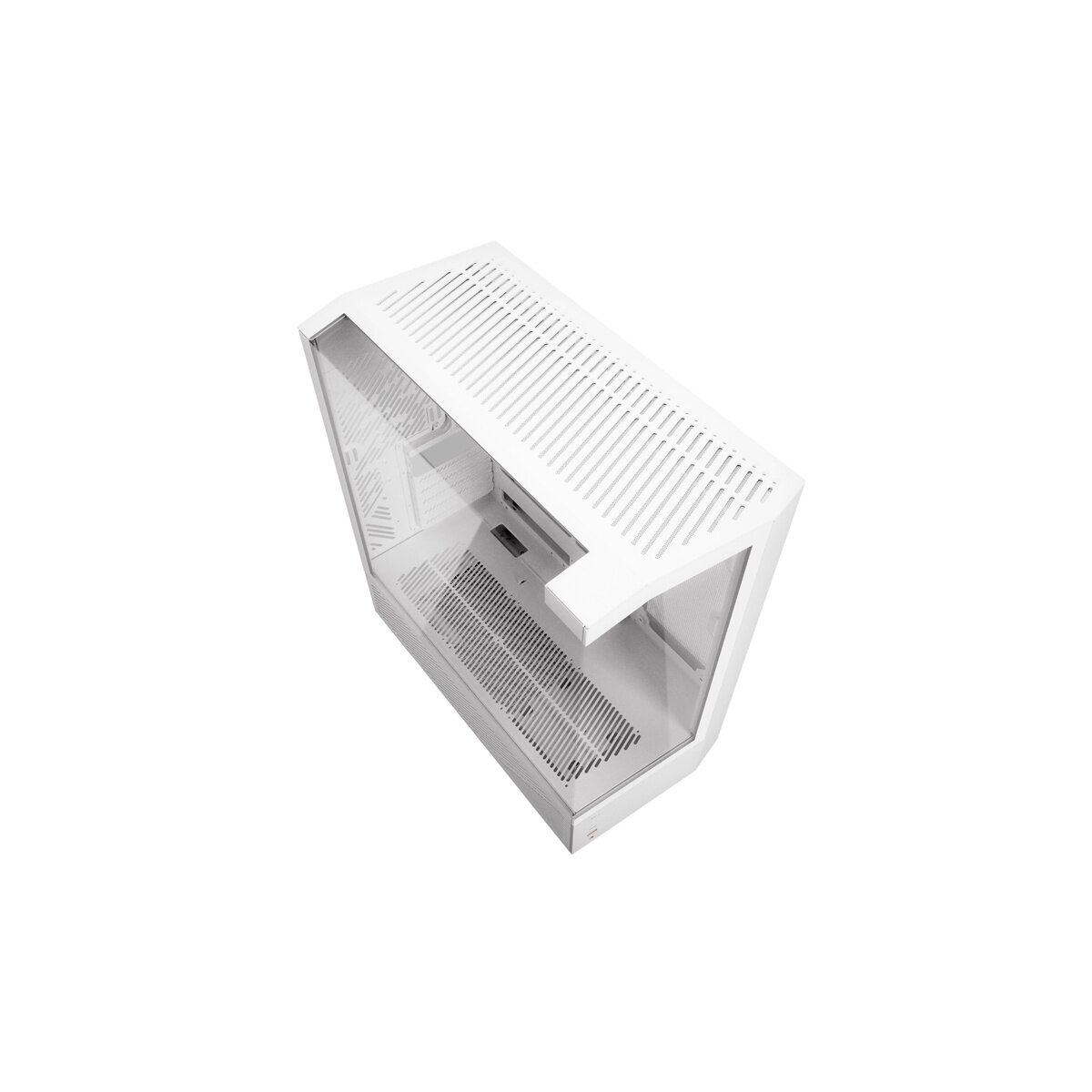 Un case per computer bianco con pannelli in vetro e fessure di ventilazione.