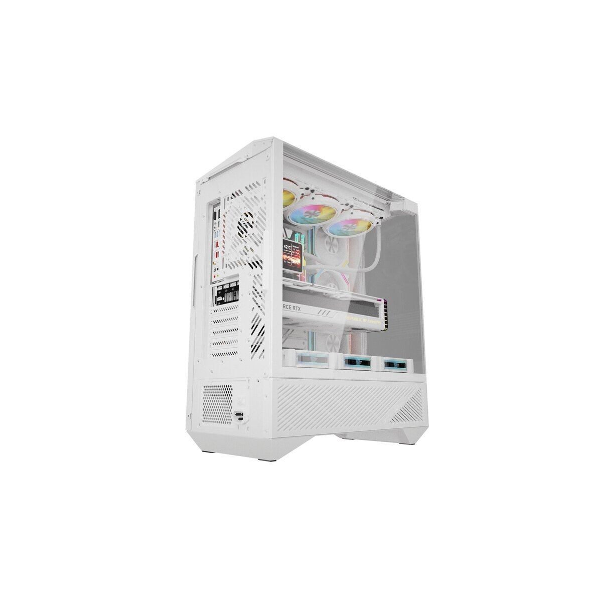 Un case per computer bianco con ventole RGB e una scheda grafica.