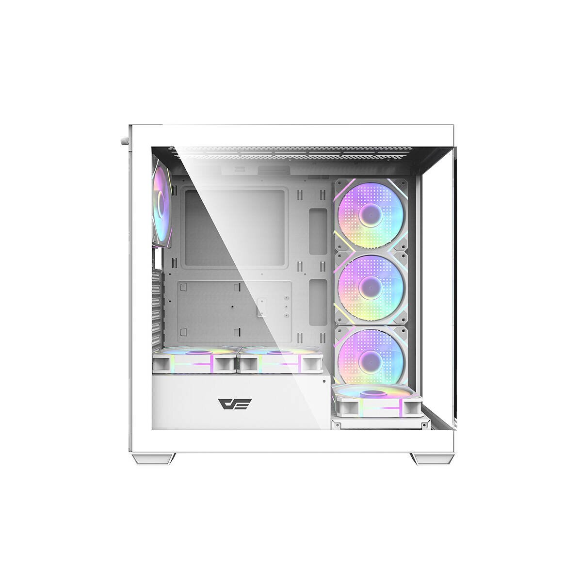 Case PC bianco con ventole RGB e frontale in vetro.