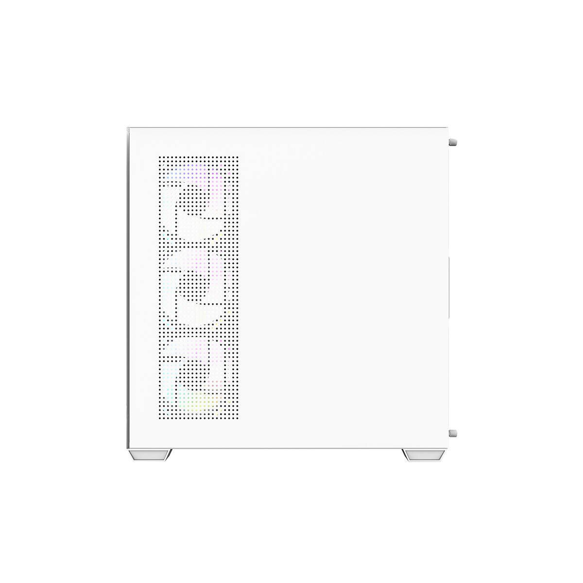 Case bianco per computer con pannello verticale forato che mostra luci colorate.