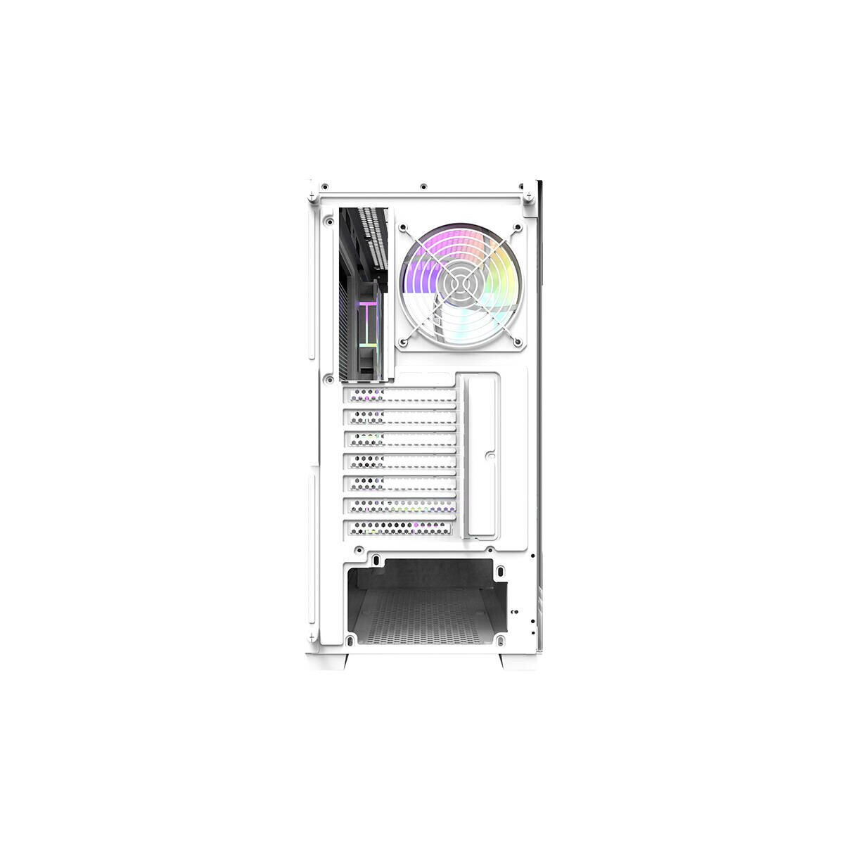 Case del computer bianco vista posteriore con ventola RGB, slot di espansione e prese d'aria.