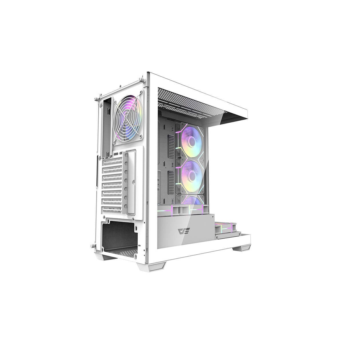 Case per computer bianco con ventole RGB e pannello laterale trasparente.