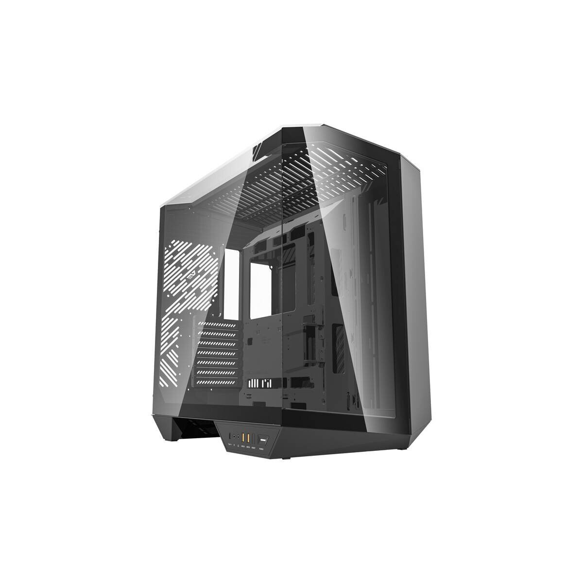 Un moderno case per computer angolare con pannelli in vetro temperato e accenti neri.