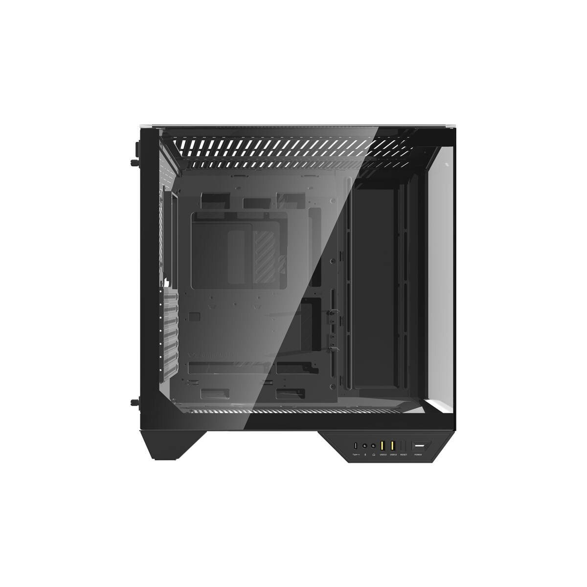 Un case per computer nero con frontale e lati in vetro.