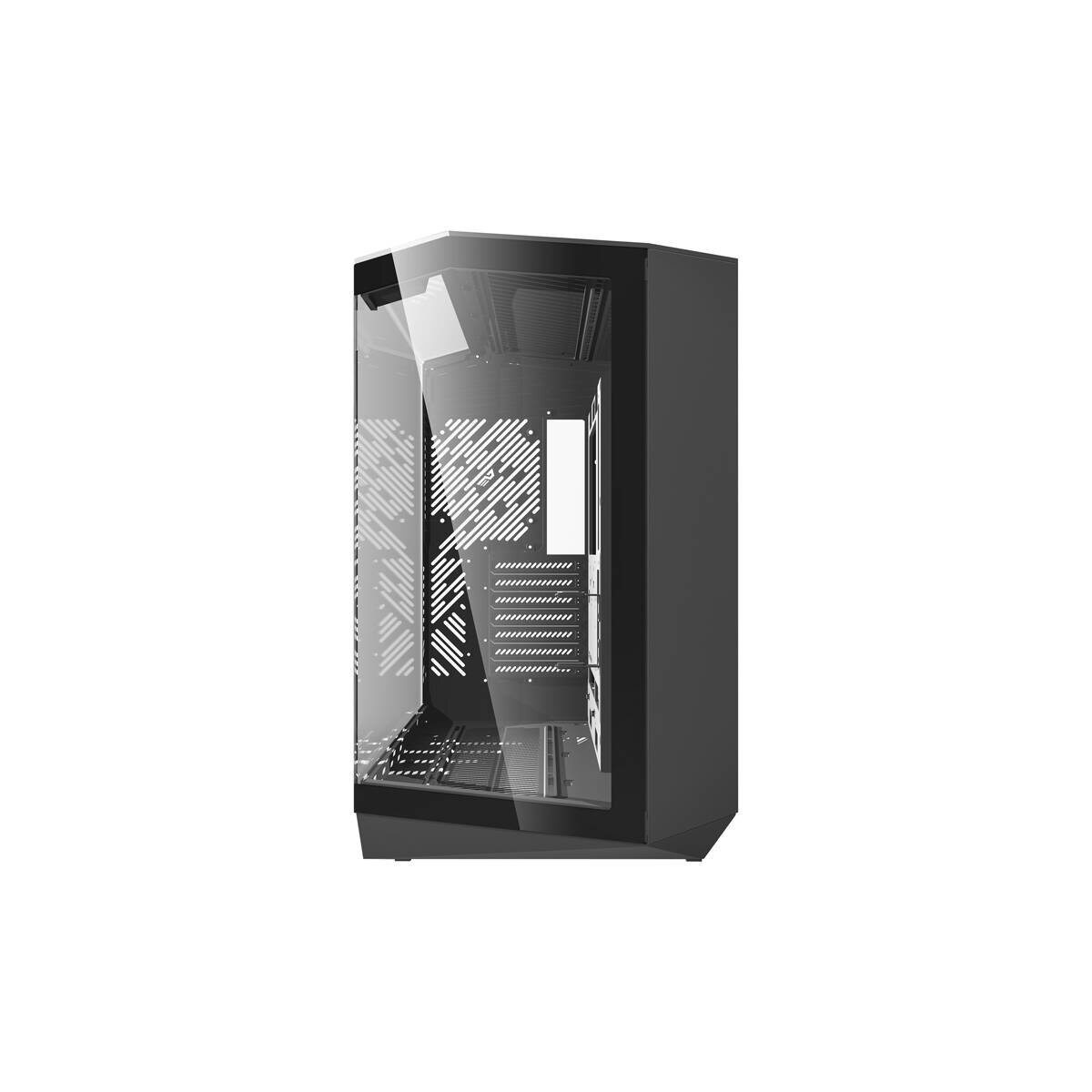 Case PC nero con pannello laterale in vetro e molte fessure di ventilazione.