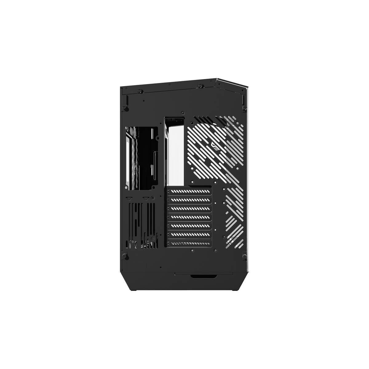 Un case per computer nero con fessure di ventilazione e interno visibile.