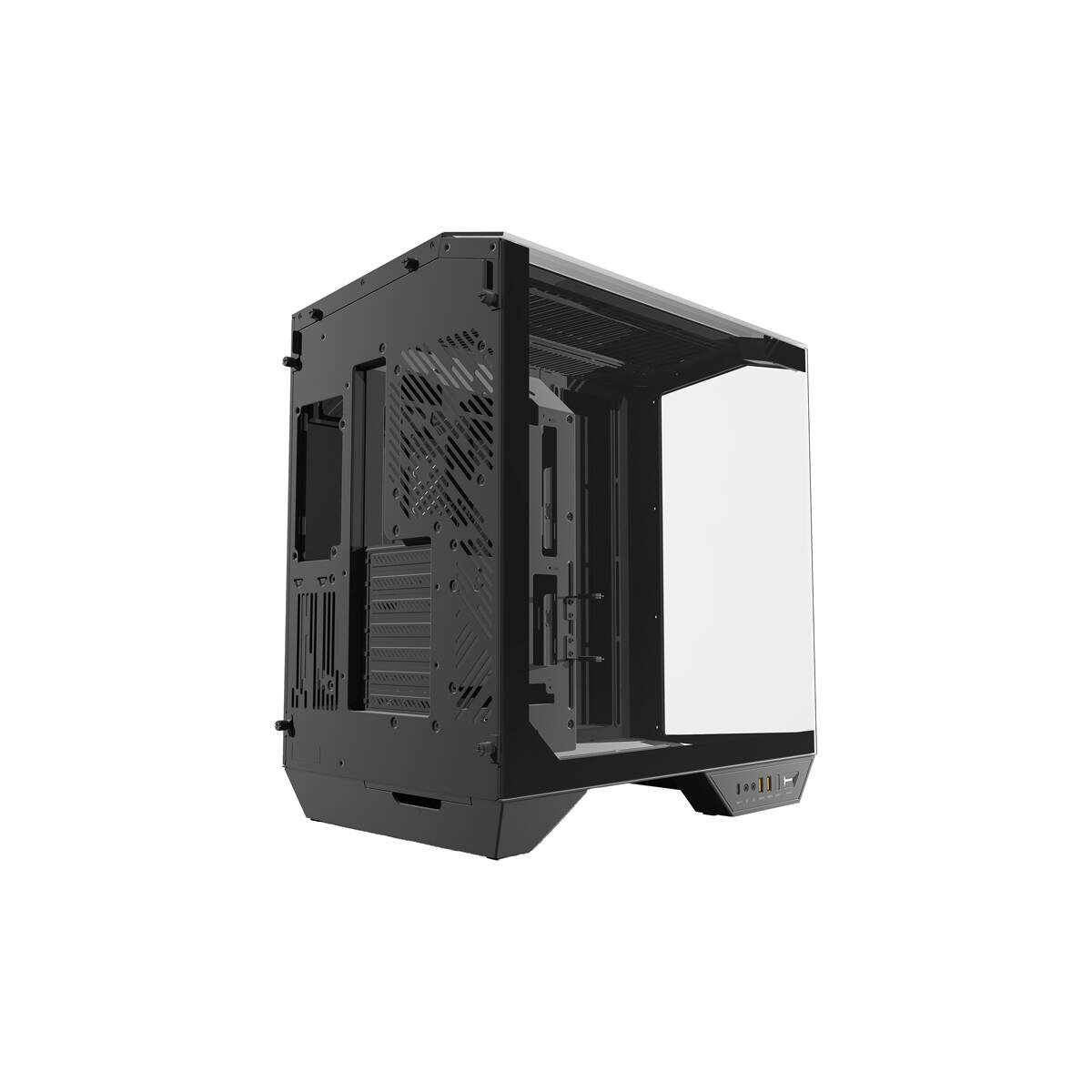 Case per computer nero con pannello laterale in vetro e porte I/O frontali.