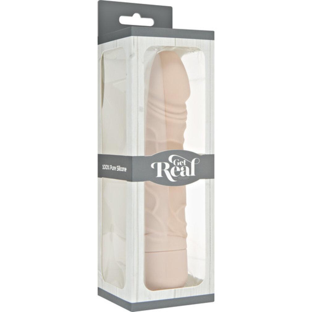 Ein hautfarbener Silikon-Dildo mit Textur in einer klaren Verpackung.