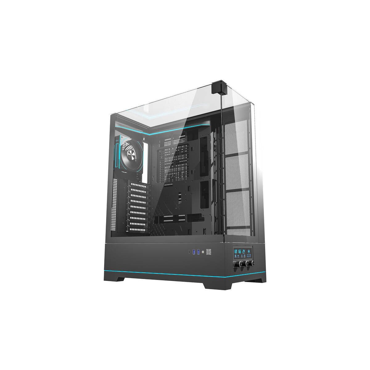 Case PC nero con frontale in vetro e illuminazione blu. Ventola visibile.