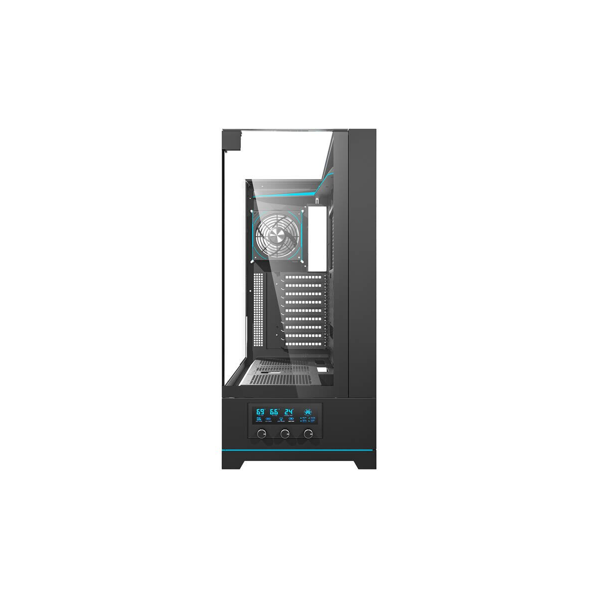 Case PC nero con frontale in vetro, ventola e display digitale.