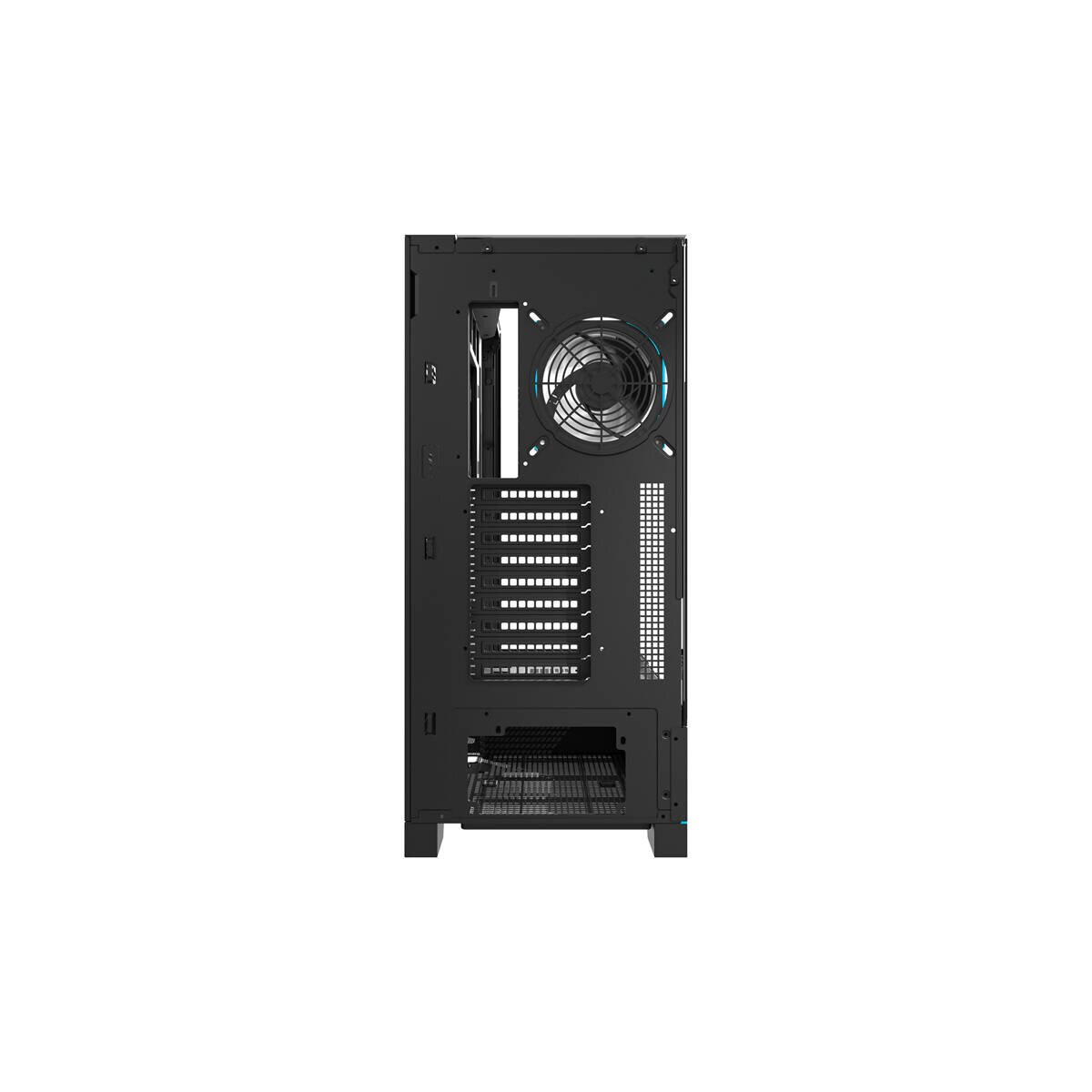 Vista posteriore di un case per PC nero con ventola e slot di espansione.