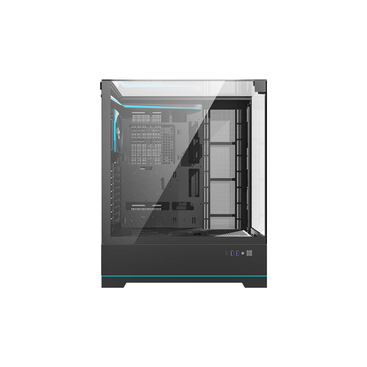 Case per computer nero con porta in vetro, ventole e illuminazione blu.