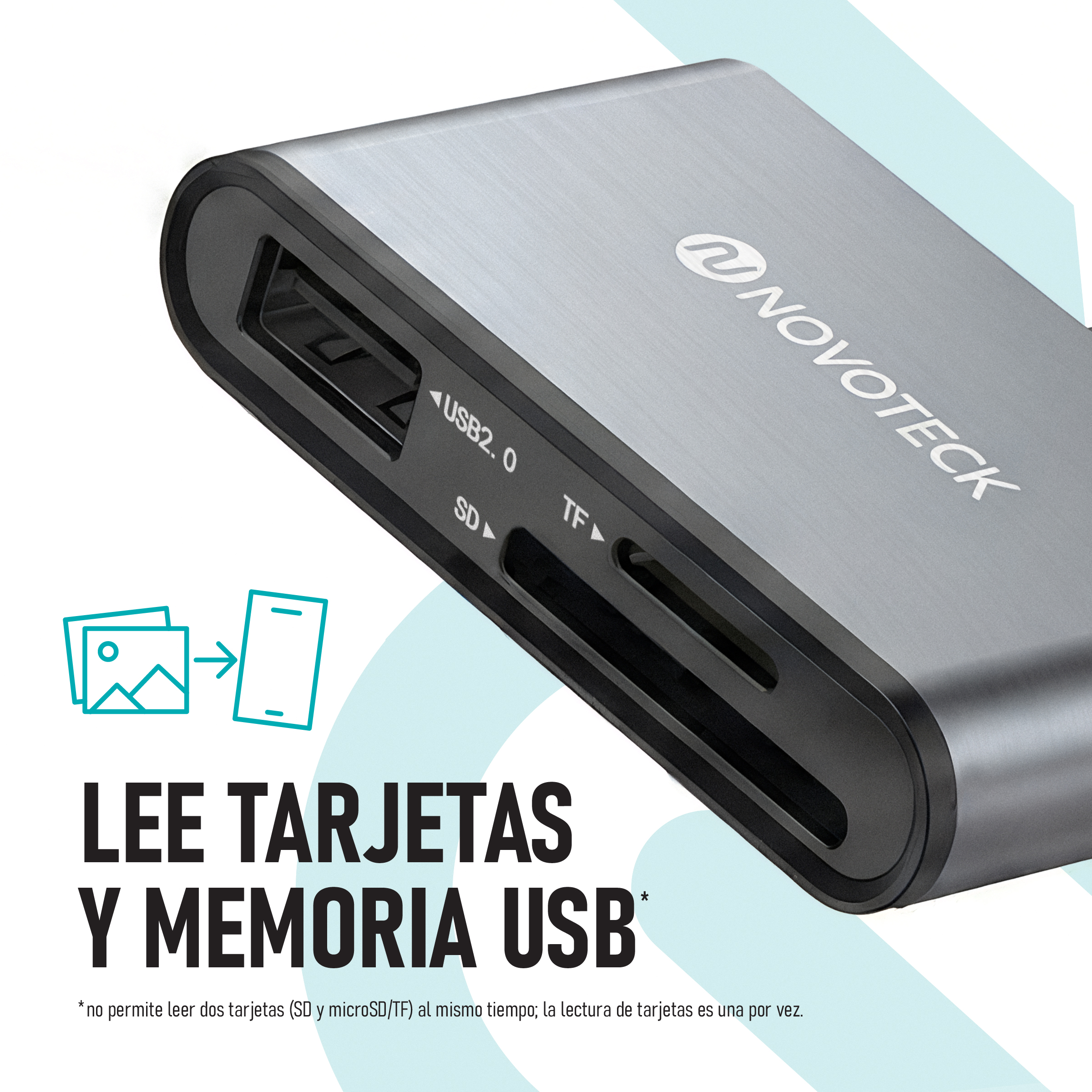 Lector de tarjetas USB gris con ranuras SD y TF. Logo Novoteck.