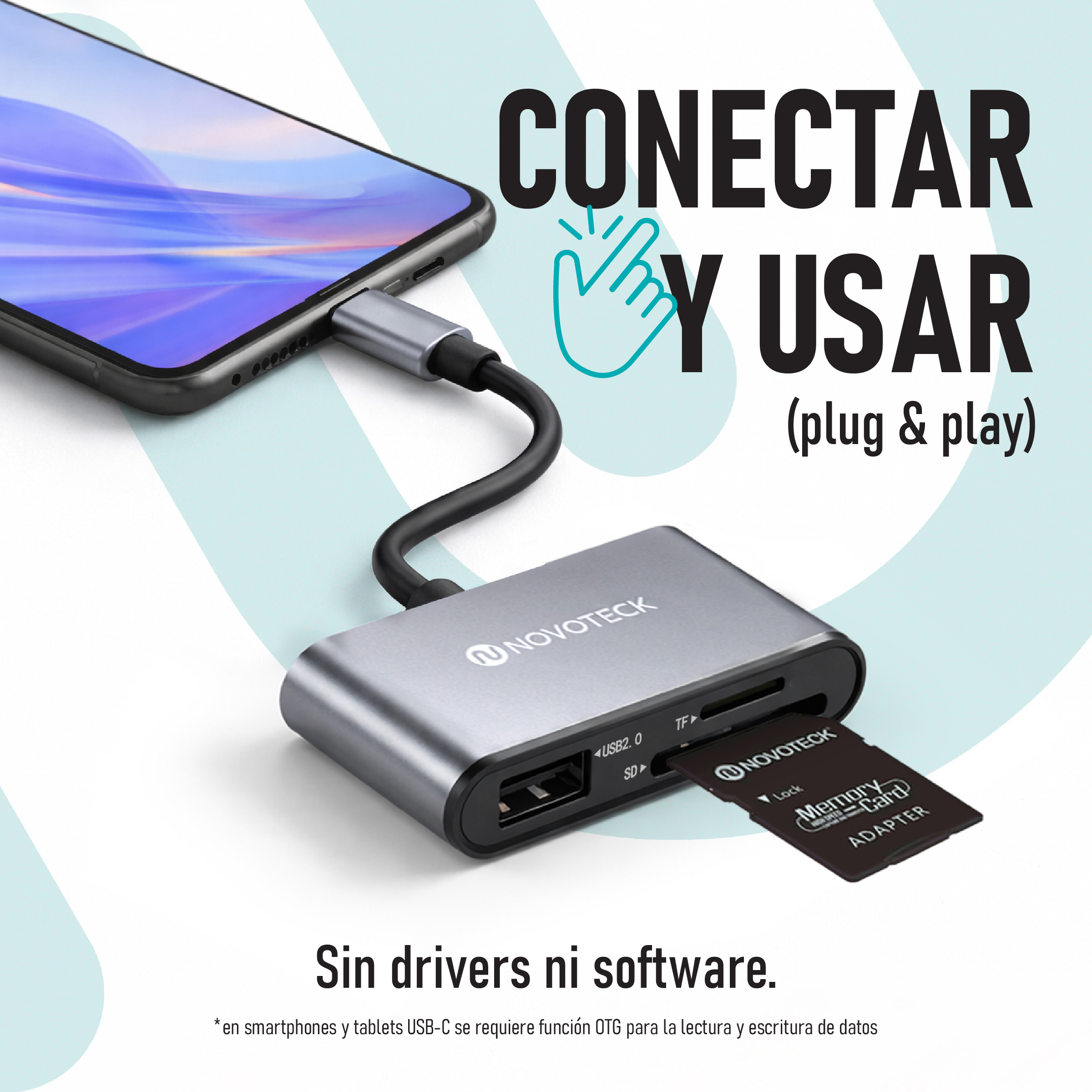 Un lector de tarjetas USB-C gris conectado a un smartphone con adaptador SD.