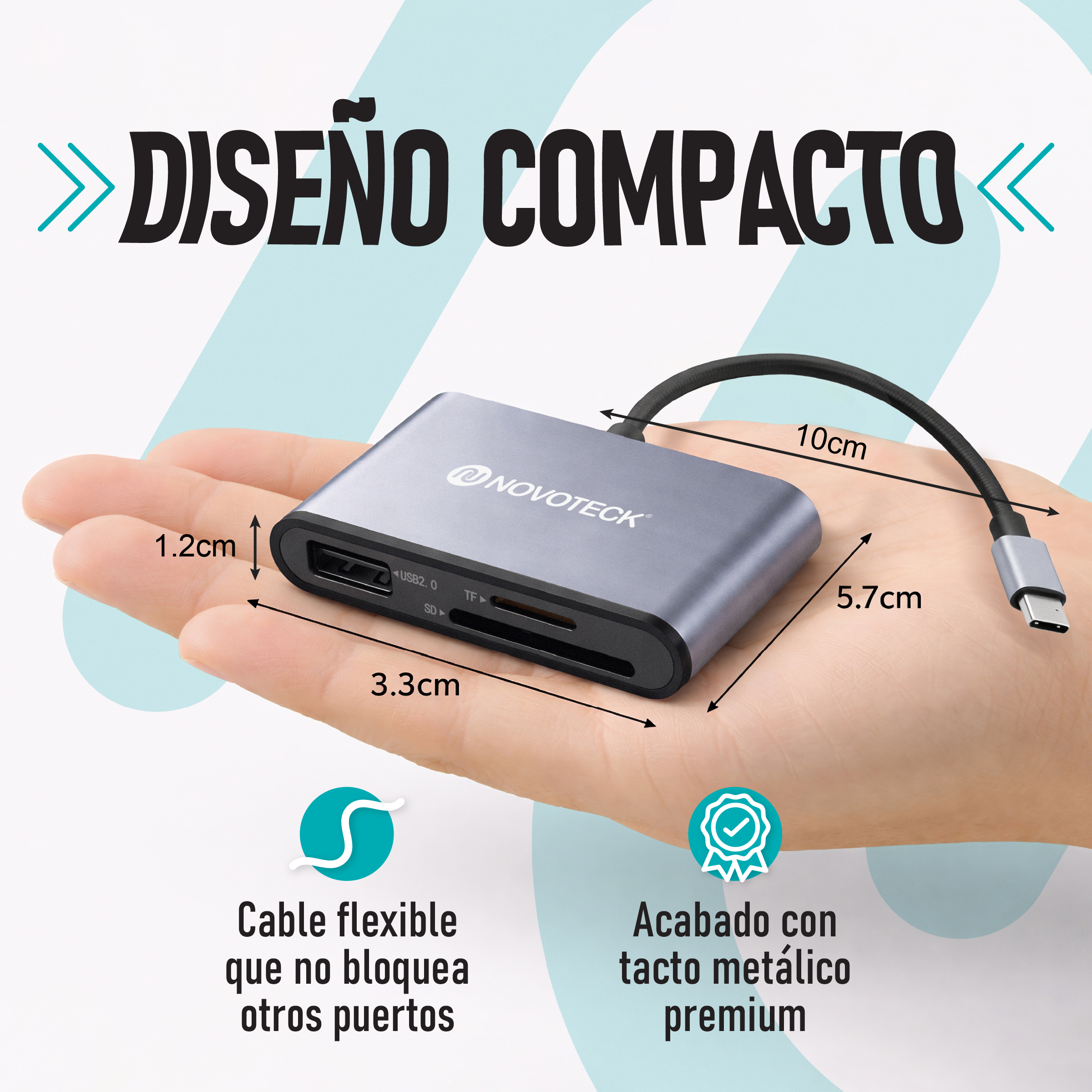 Hub USB-C gris con ranuras para tarjetas SD y TF, sostenido en una mano.