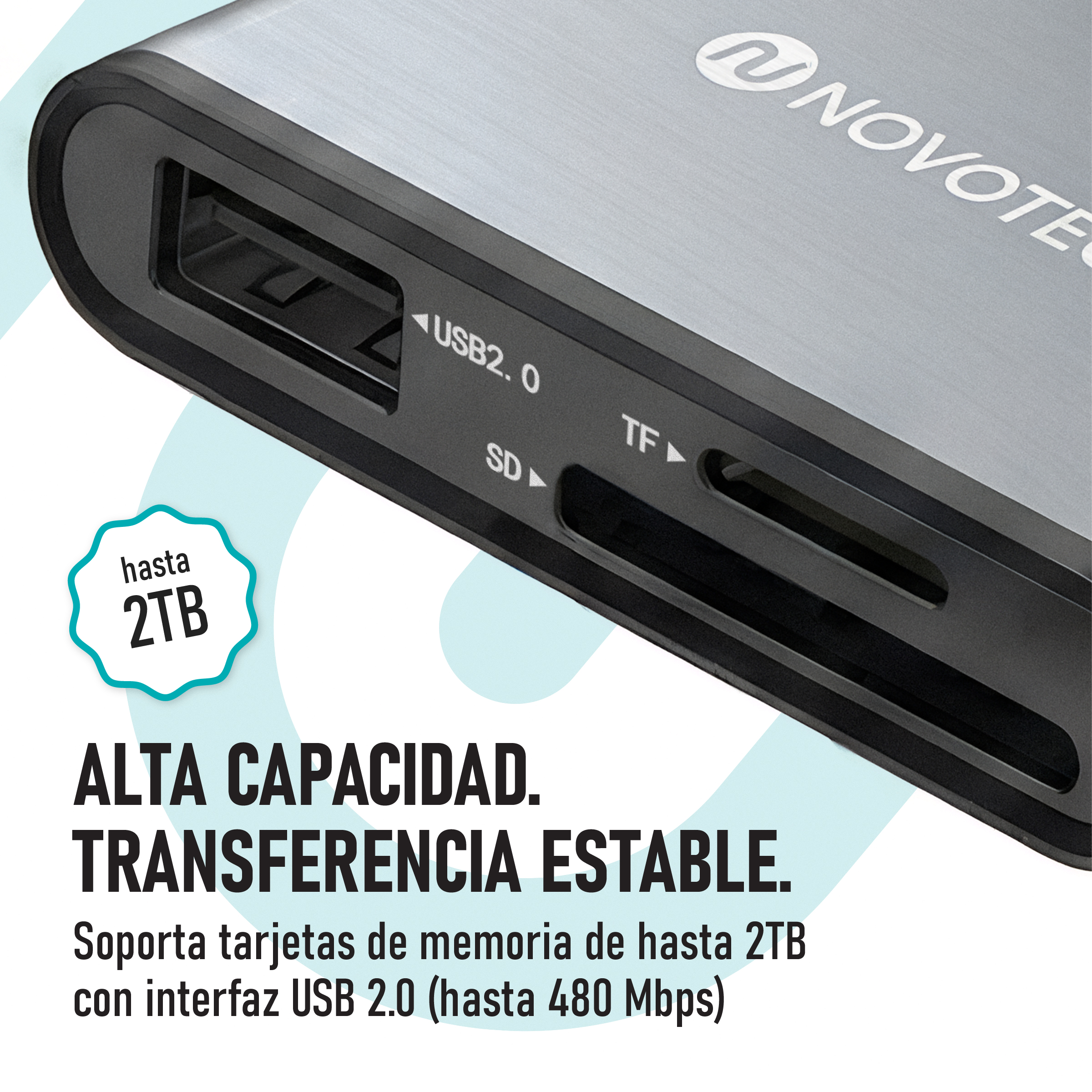 Lector de tarjetas gris con USB 2.0, ranuras SD y TF. Soporta hasta 2TB.