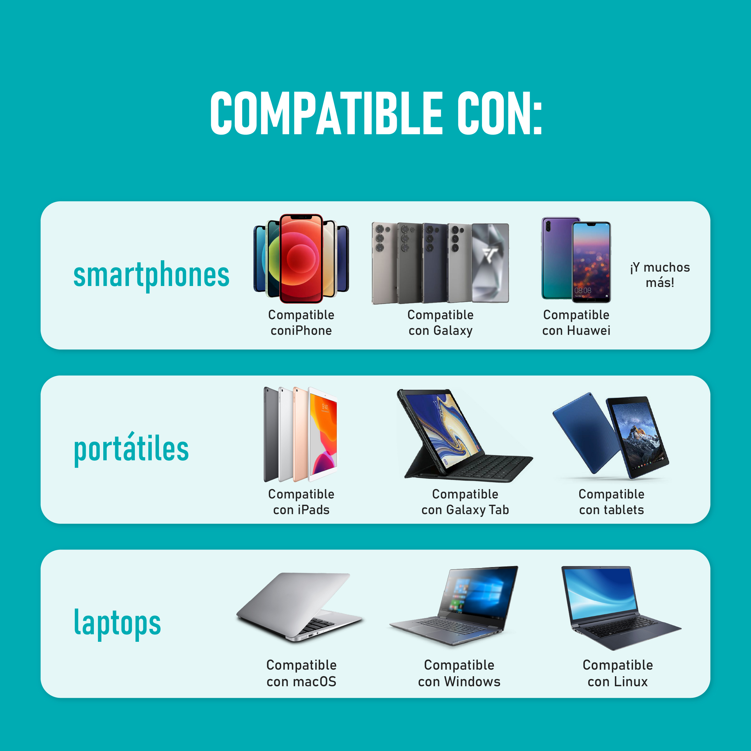 Compatible con smartphones, tablets y portátiles: iPhones, Galaxy, Huawei, iPads, MacBooks, portátiles Windows y Linux.