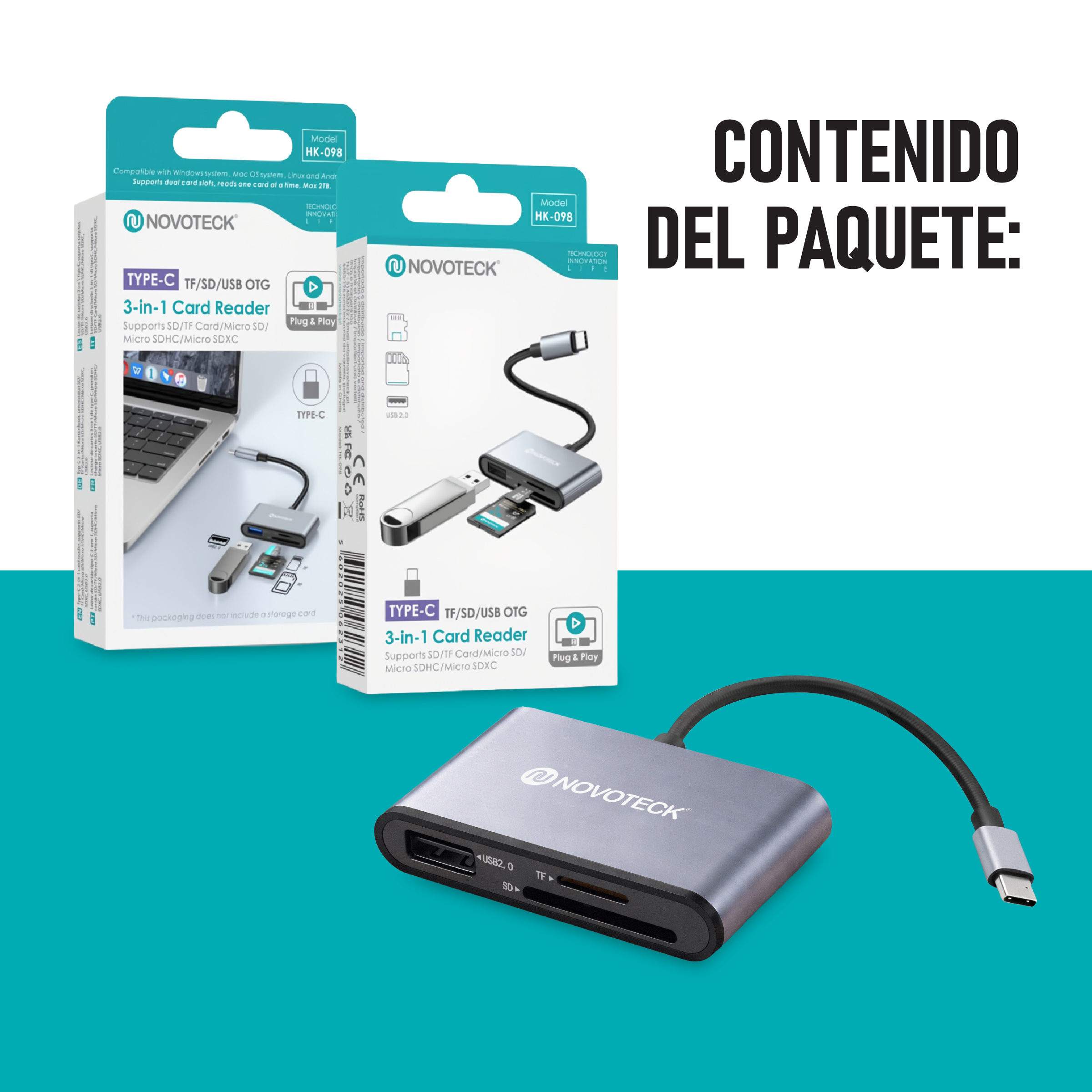 Un lector de tarjetas gris Novoteck USB-C con puertos SD, TF y USB.