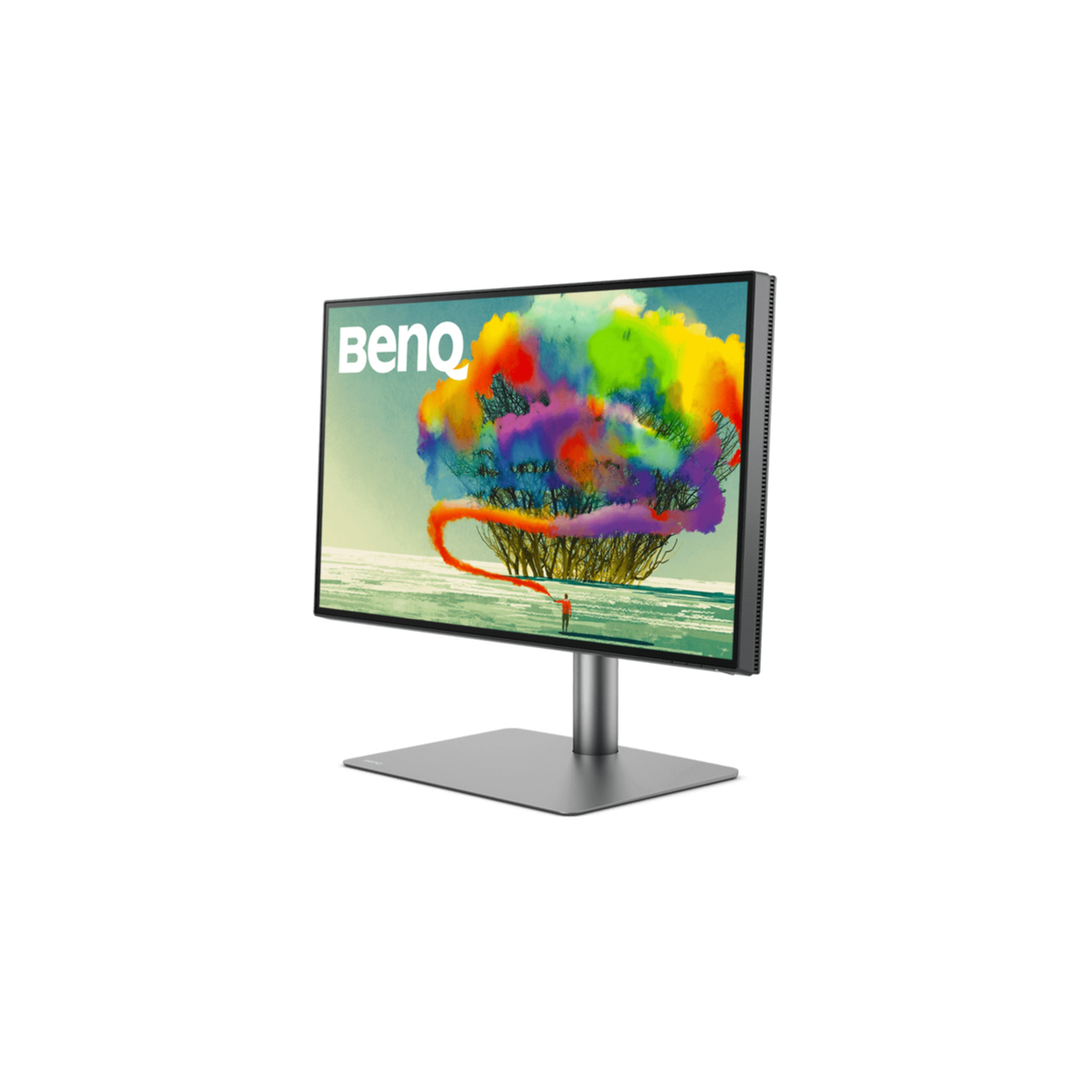 Monitor BenQ wyświetla kolorowy krajobraz drzew z osobą rozsypującą kolor.