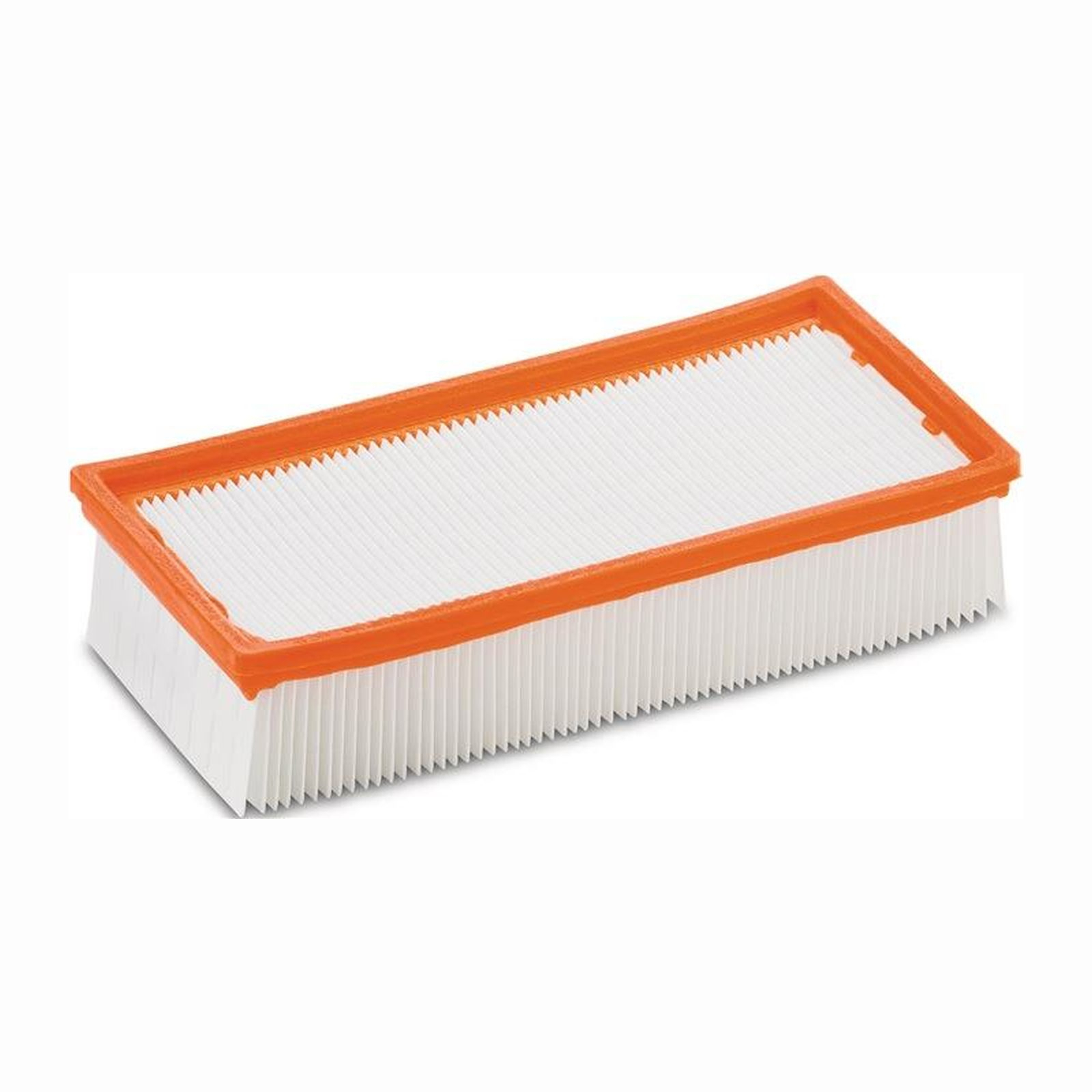 Un filtro dell'aria rettangolare con cornice arancione e pieghe bianche.