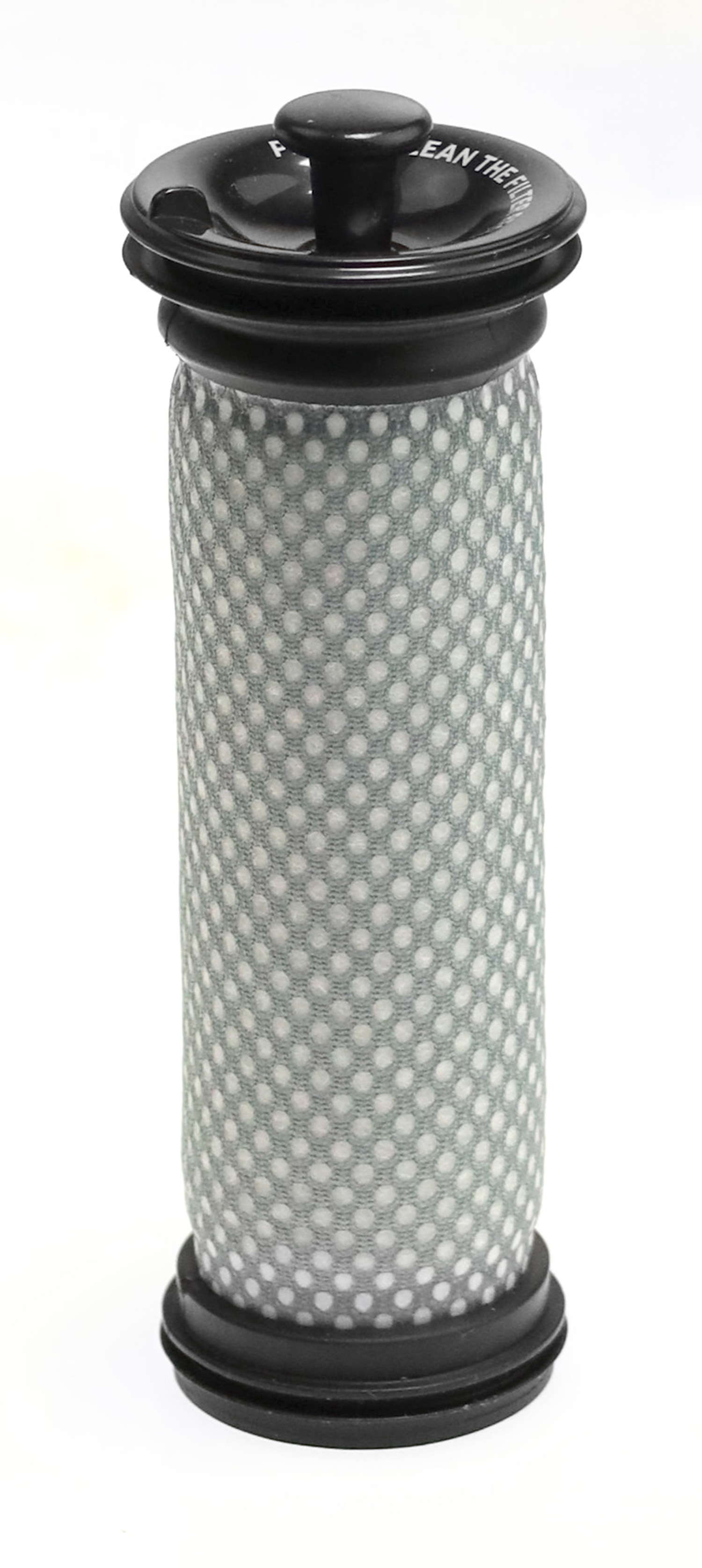 Filtro cilindrico grigio con manico nero e testo.