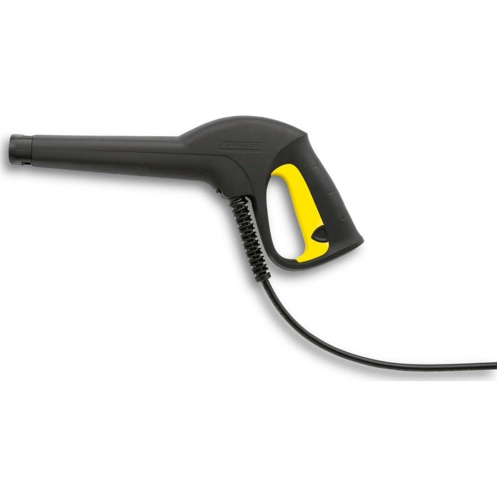 Pistola idropulitrice nera con grilletto giallo e tubo nero.