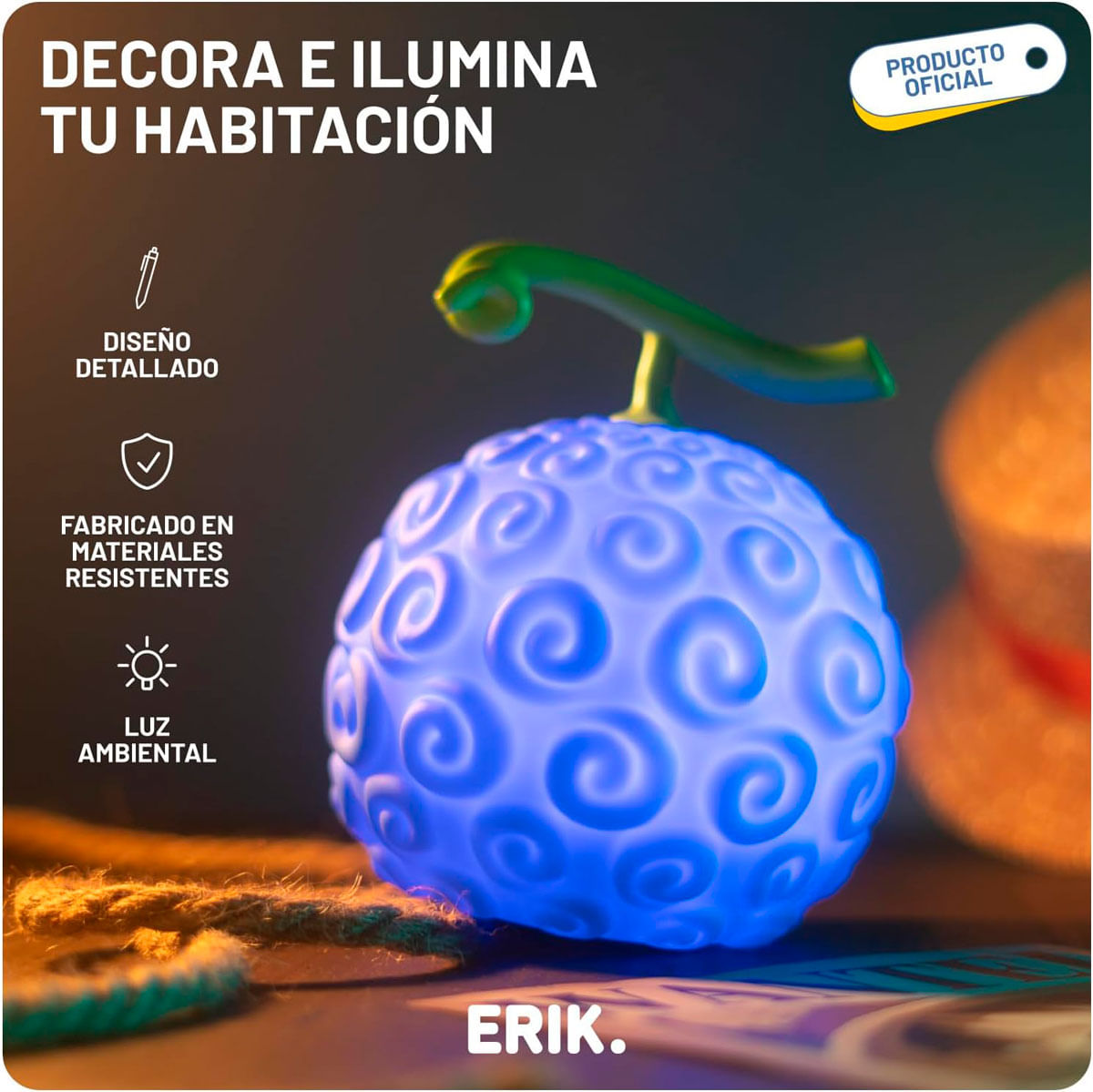 Blaue Teufelsfrucht-Lampe mit Wirbelmustern und einem grünen Stiel.