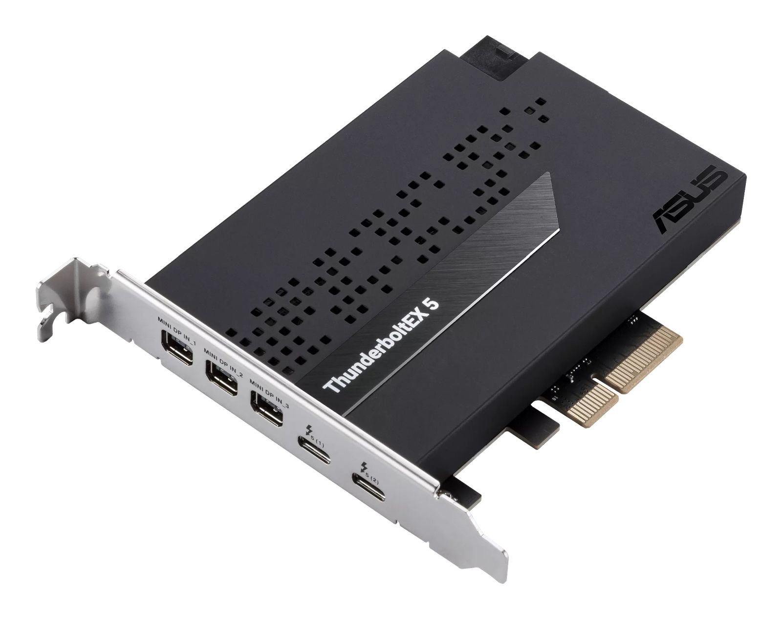 Scheda ASUS ThunderboltEX 5 nera con ingressi Mini DP e connettore PCIe.