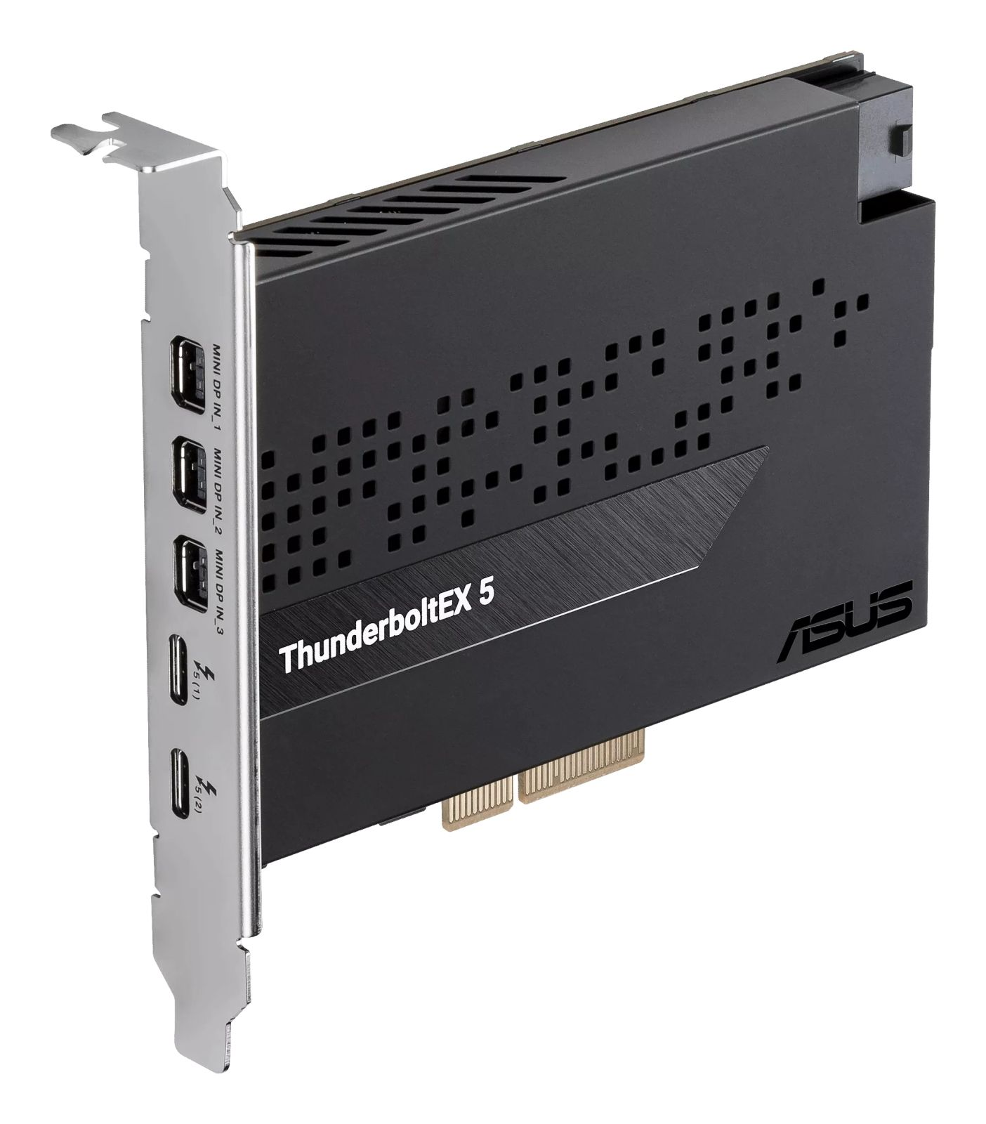Scheda ASUS ThunderboltEX 5 con porte Mini DP e USB-C.