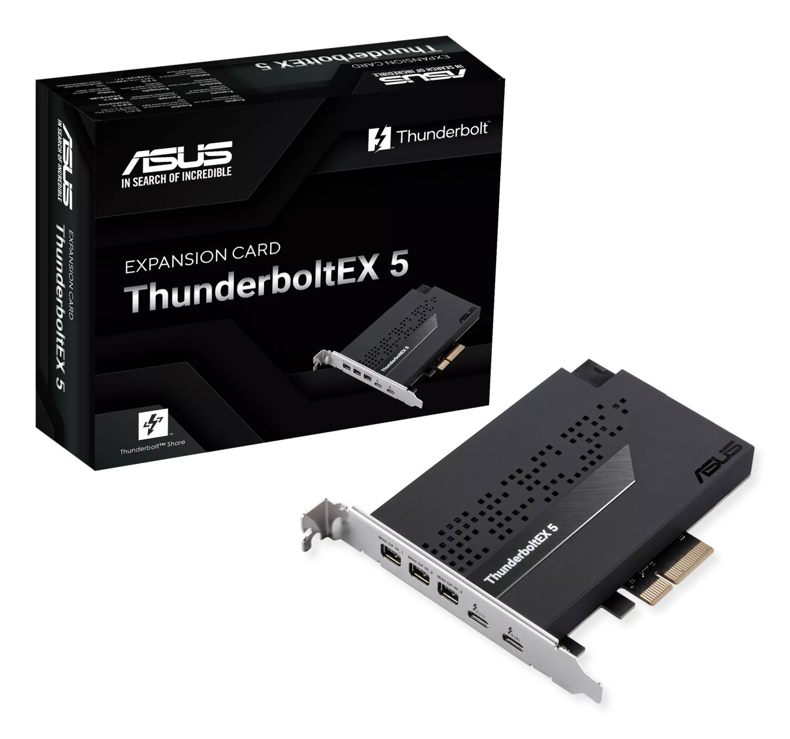 Una scheda di espansione ASUS ThunderboltEX 5 nera con porte e la sua confezione.