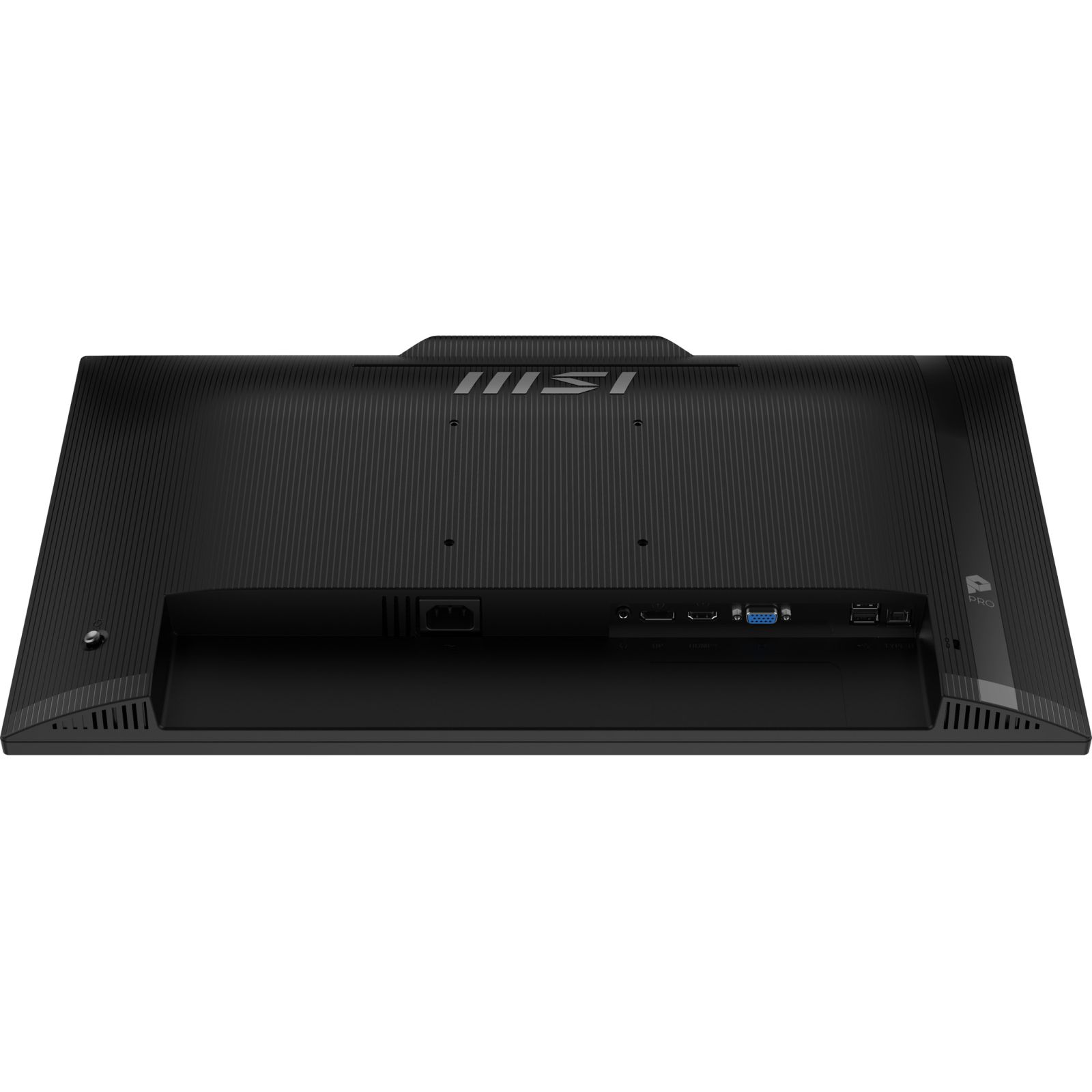 Arrière d'un moniteur MSI noir montrant les ports d'alimentation, HDMI, DP, VGA et USB.