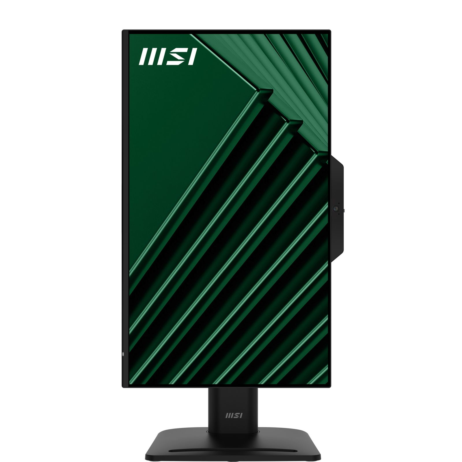 Pionowy monitor MSI z zielonym wzorem graficznym na ekranie i czarną podstawą.