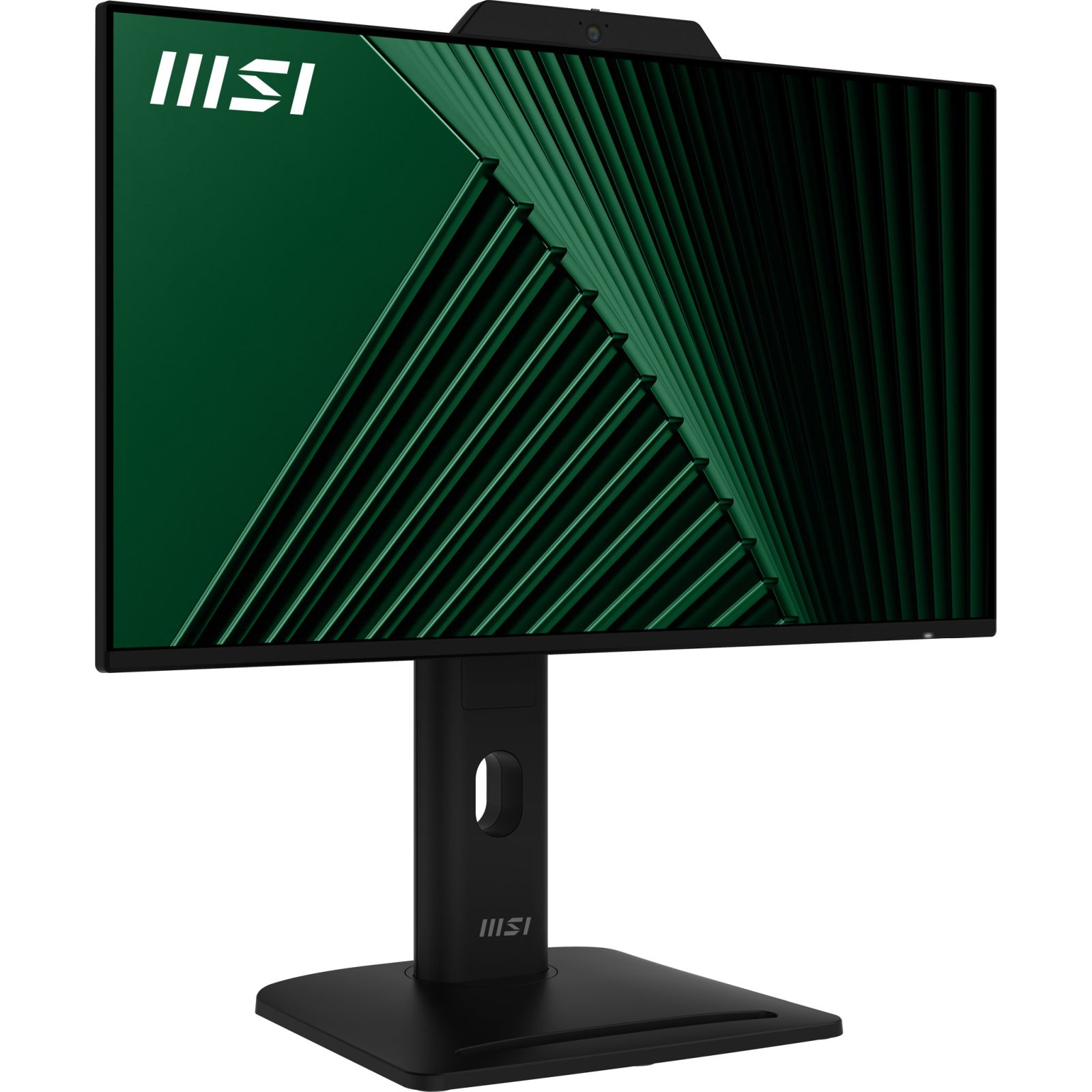 Czarny monitor MSI z zielonym abstrakcyjnym tłem i kamerą internetową na górze.