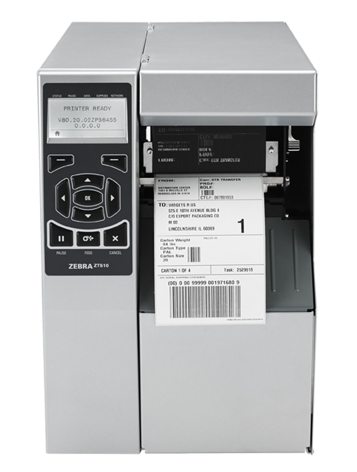 Drukarka Zebra ZT510 wyświetlająca etykietę wysyłkową.