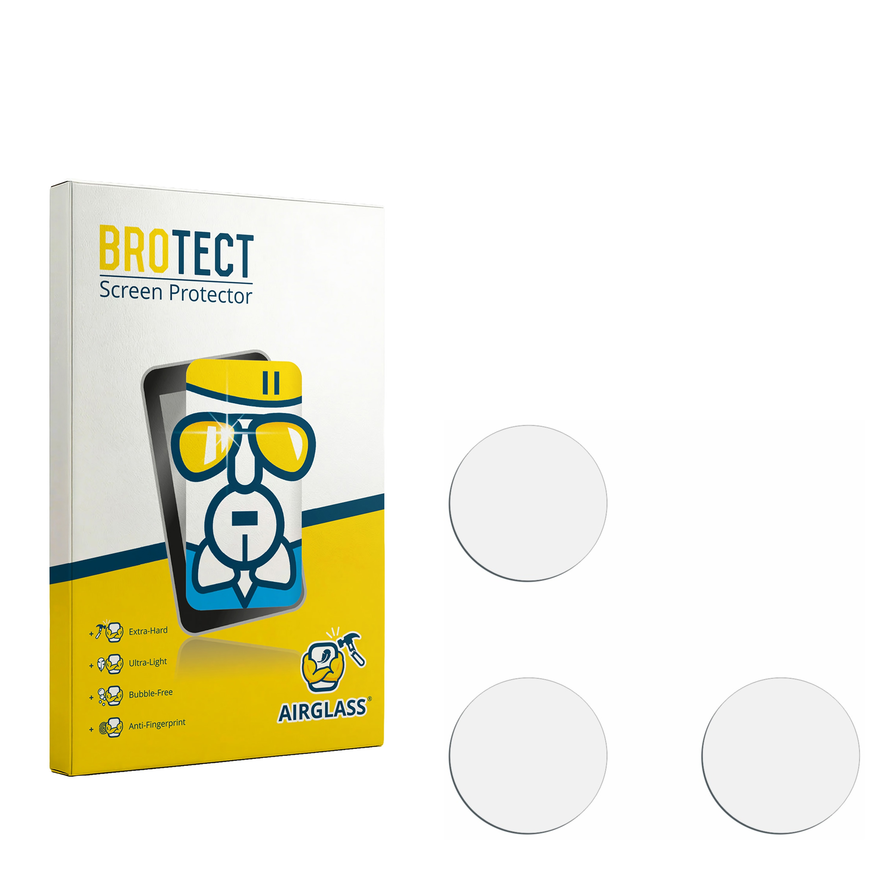 BROTECT Displayschutz-Verpackung mit drei runden Schutzgläsern daneben.