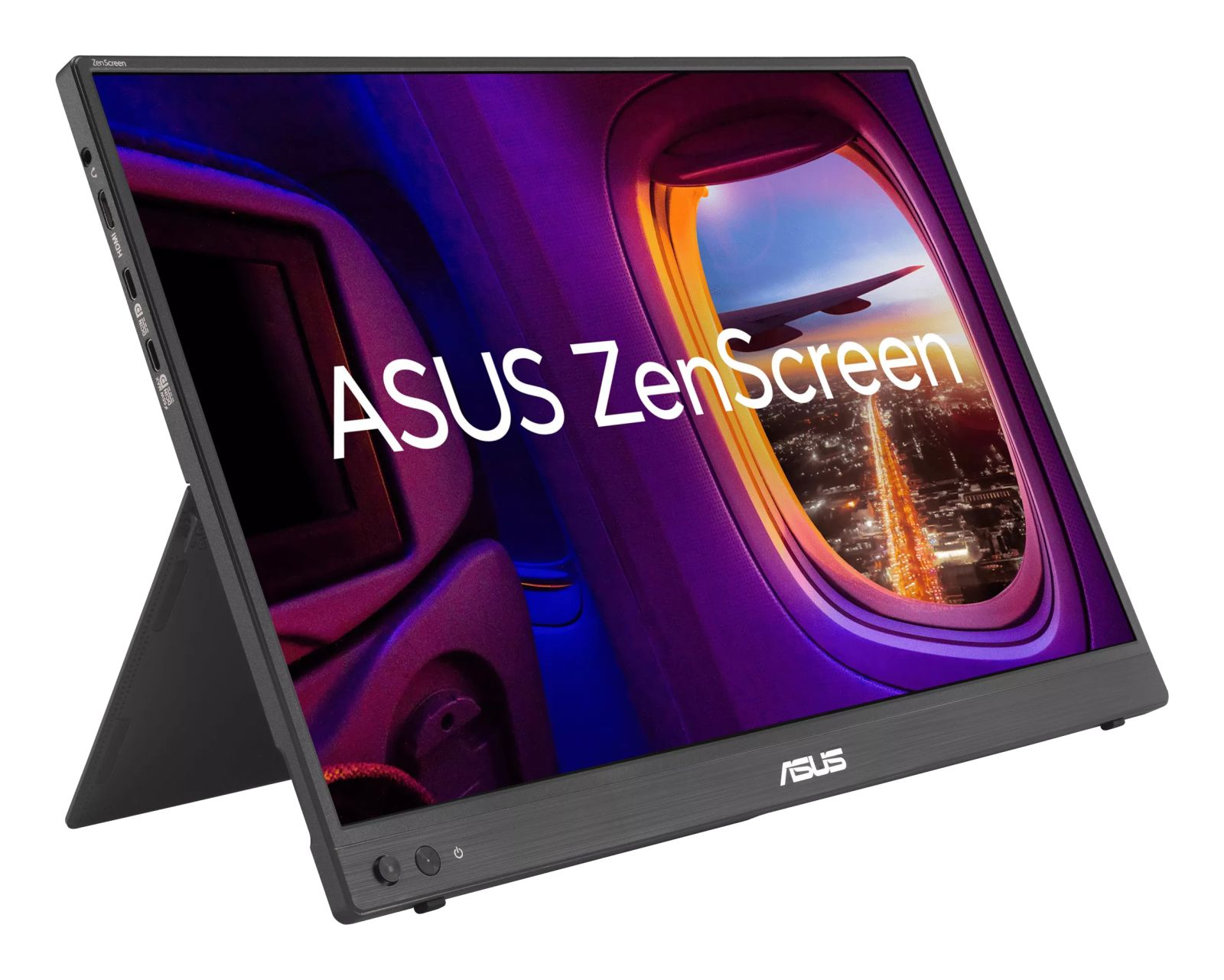 Przenośny monitor ASUS ZenScreen z widokiem przez okno samolotu.