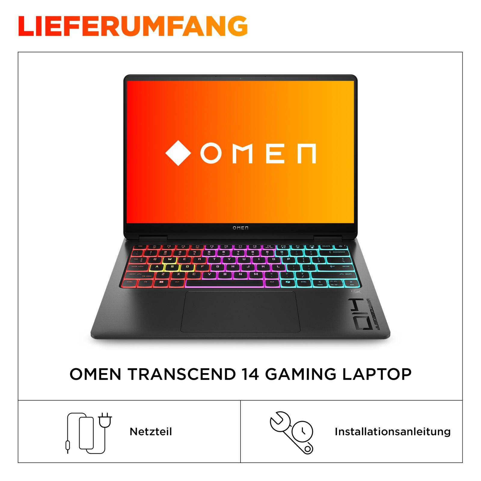 Laptop gamingowy Omen z podświetlaną klawiaturą i ikoną zasilacza.