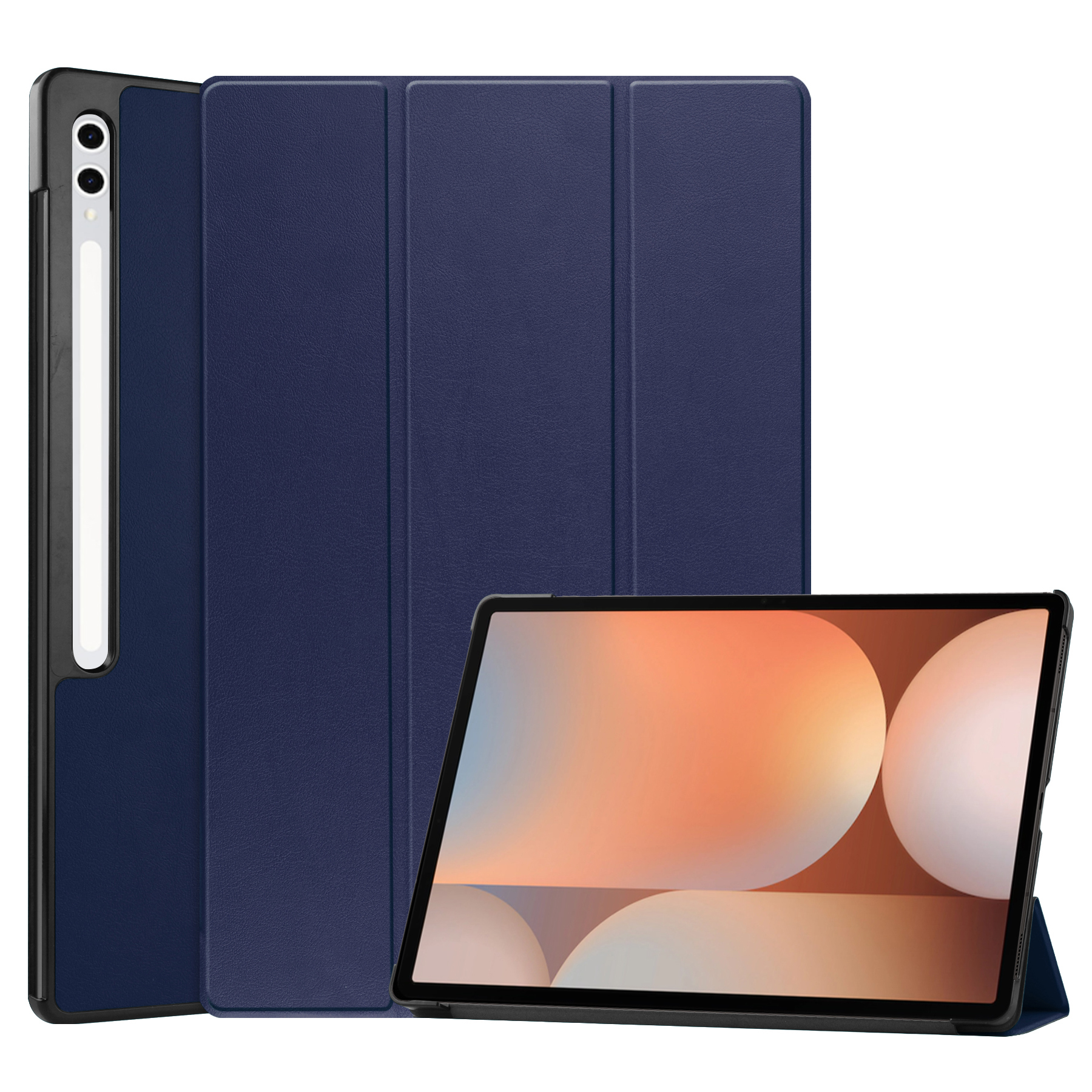 Un tablet blu con portapenne e custodia a tre ante.