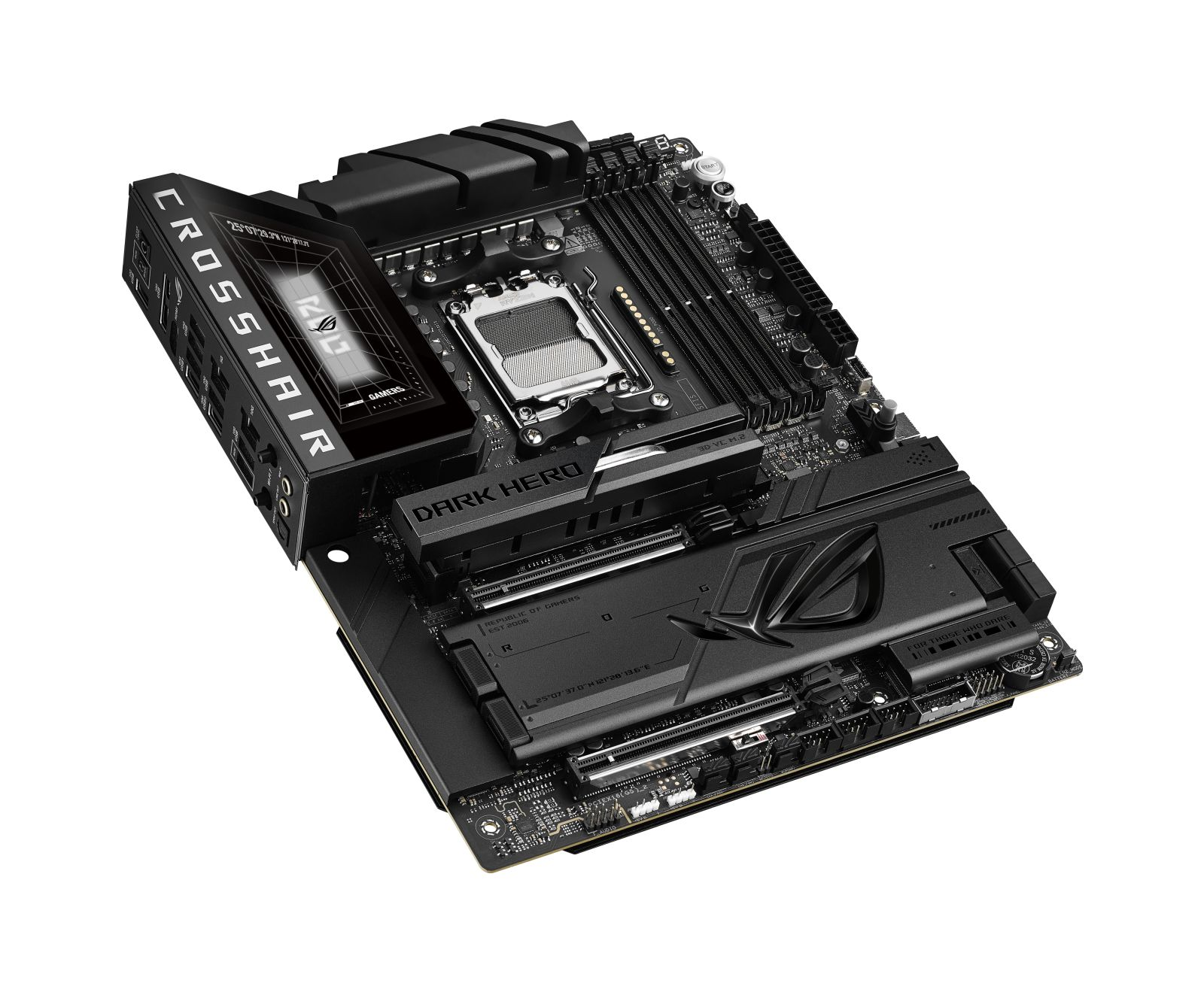 Une carte mère noire avec socket CPU, emplacements RAM et dissipateurs.