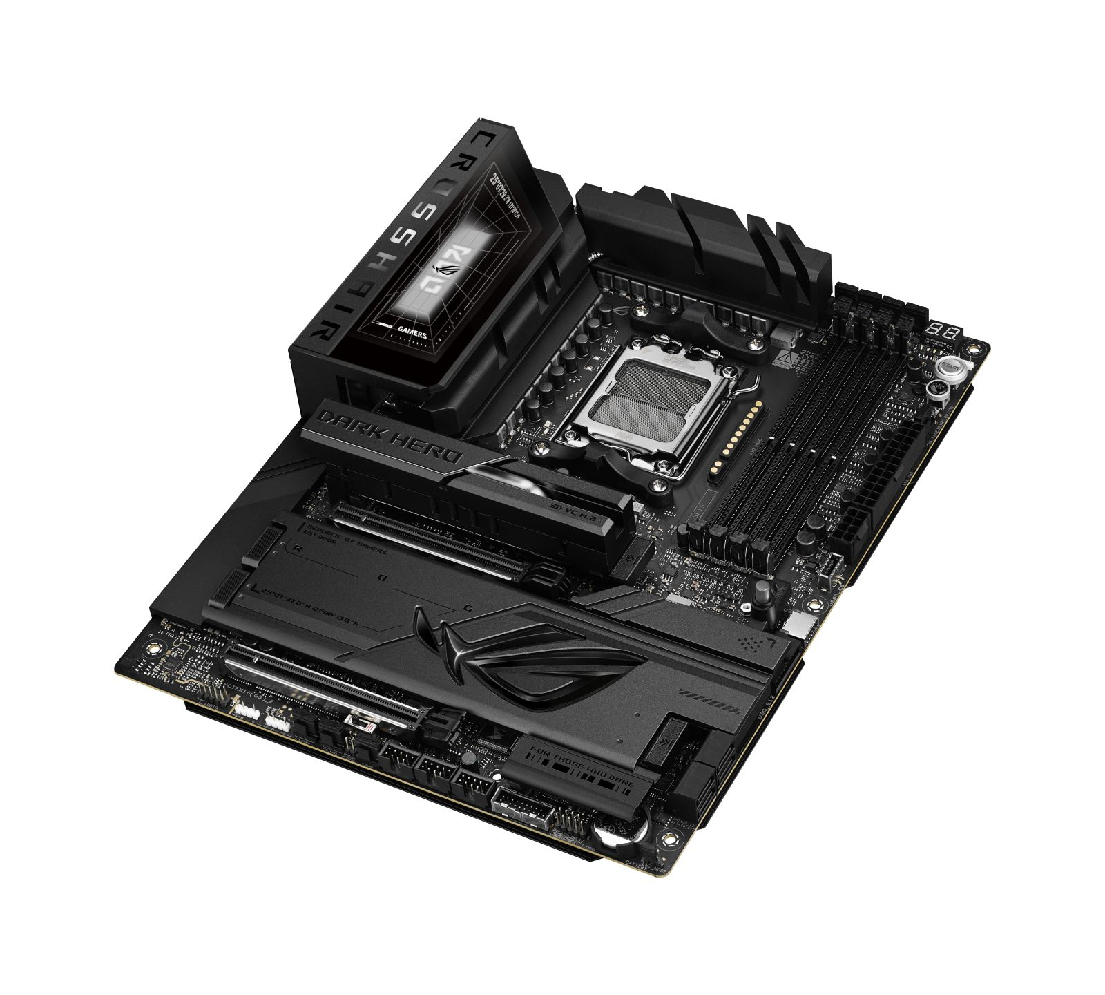 Carte mère noire ASUS ROG Crosshair Dark Hero avec socket CPU, slots RAM et dissipateurs.