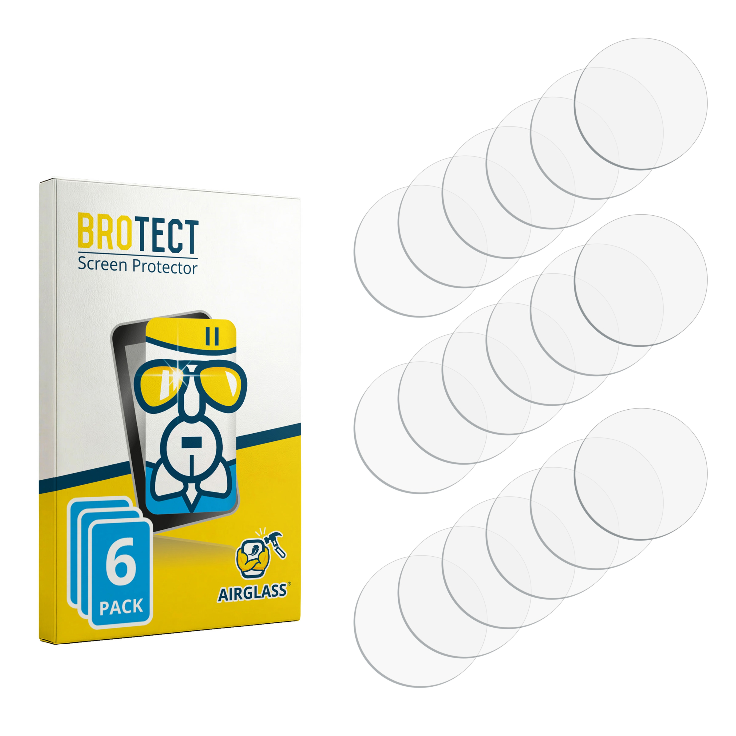 Verpackung für BROTECT Displayschutzfolie, 6 Stück, daneben mehrere runde Schutzfolien.