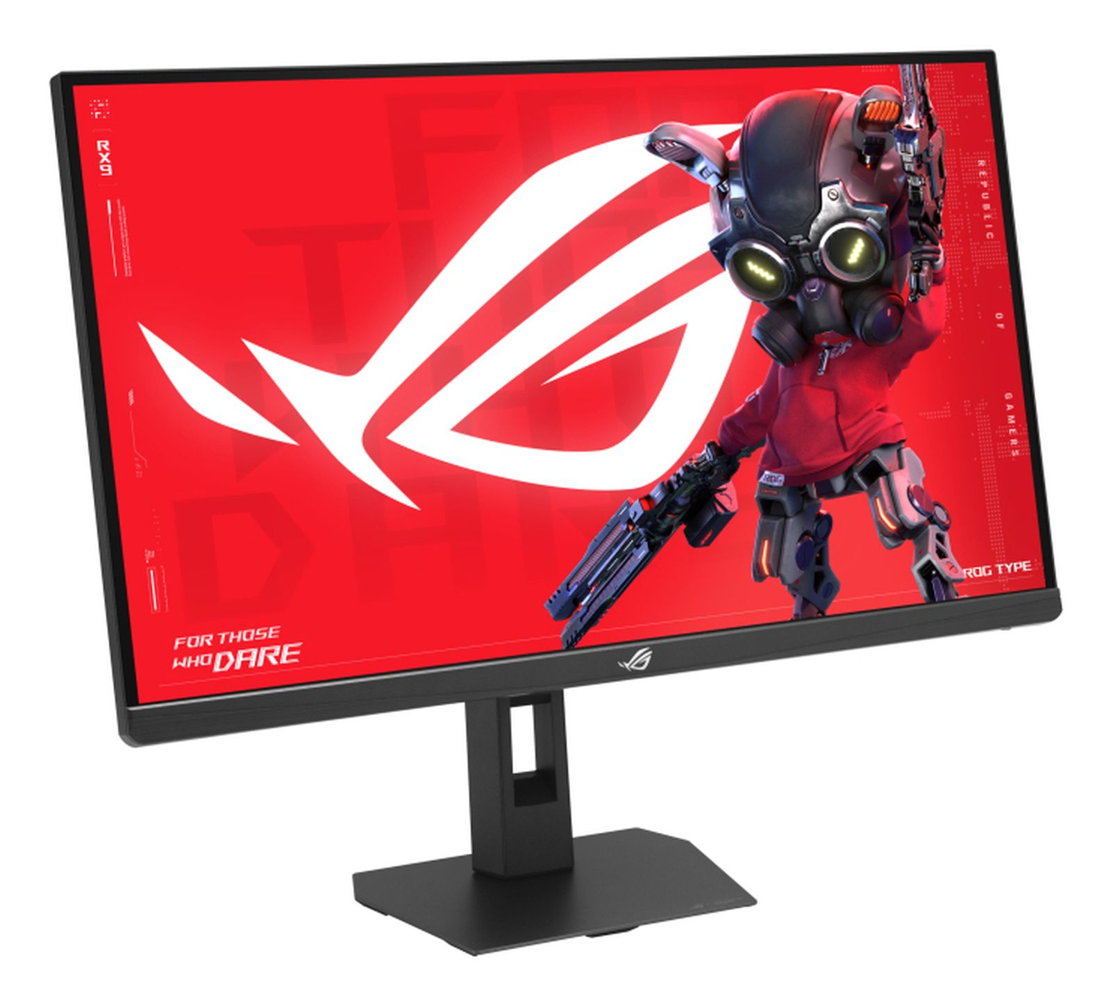 Monitor ASUS ROG z czerwonym tłem, białym logo i postacią.