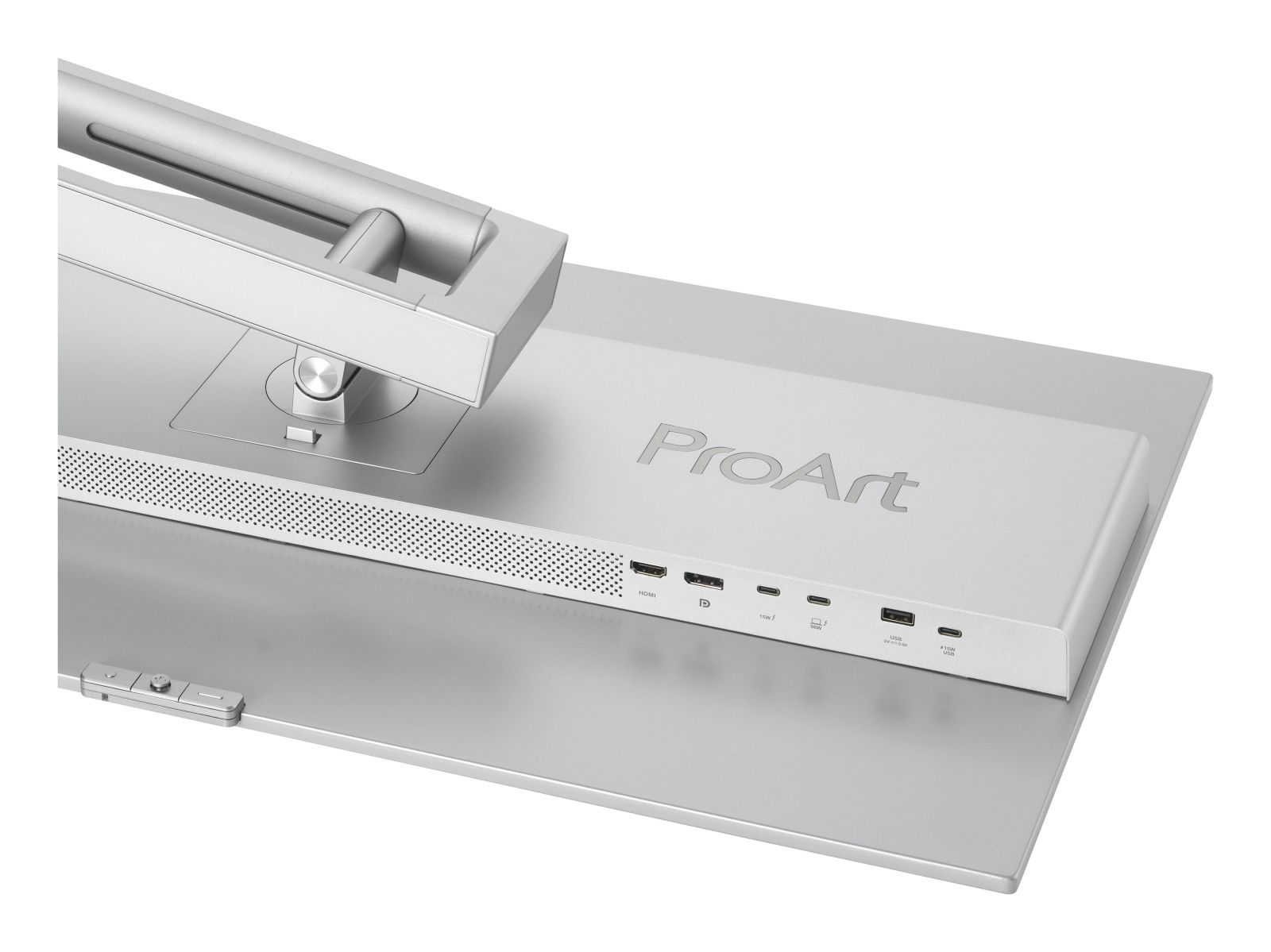 Srebrny stojak monitora z logo ProArt. Widoczne porty: HDMI, USB-C, USB-A.
